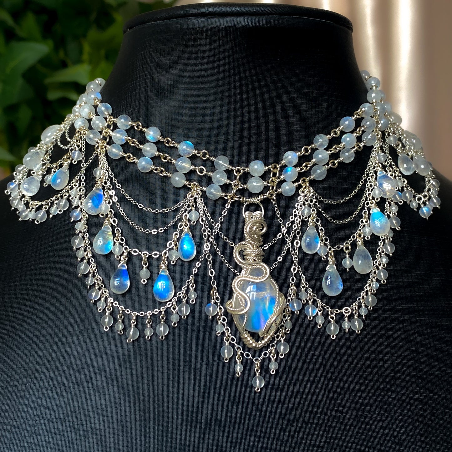 Alice ~ Moonstone & Argentium 3-Strand Chandelier Choker