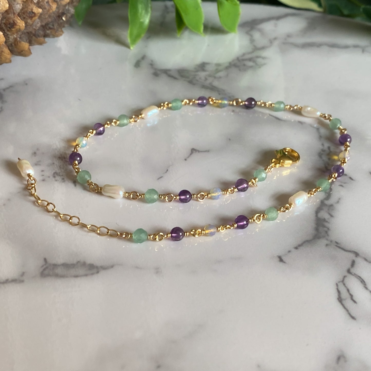 Summer Garden ~ Amethyst, Aventurine, Ethiopian Opal, Vintage Faux Pearl and 14k Gold Filled Choker