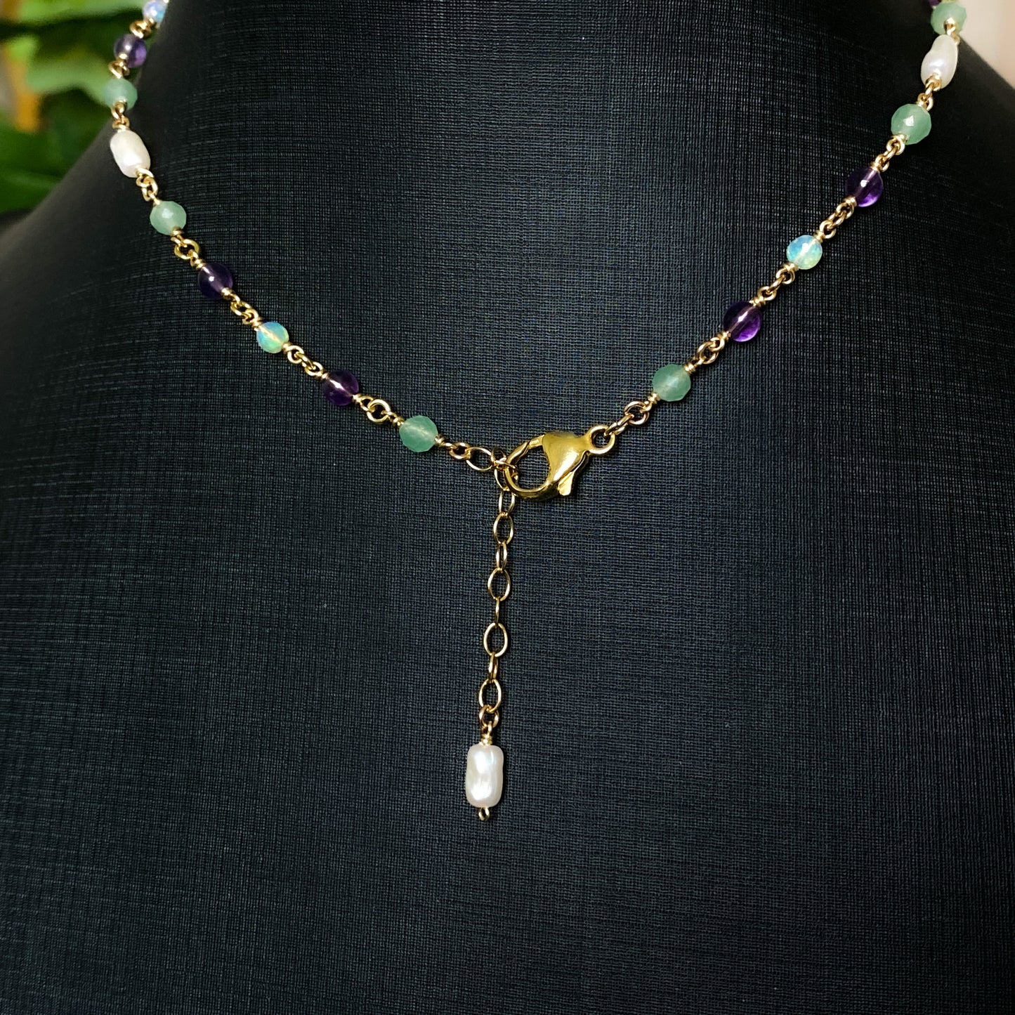 Summer Garden ~ Amethyst, Aventurine, Ethiopian Opal, Vintage Faux Pearl and 14k Gold Filled Choker