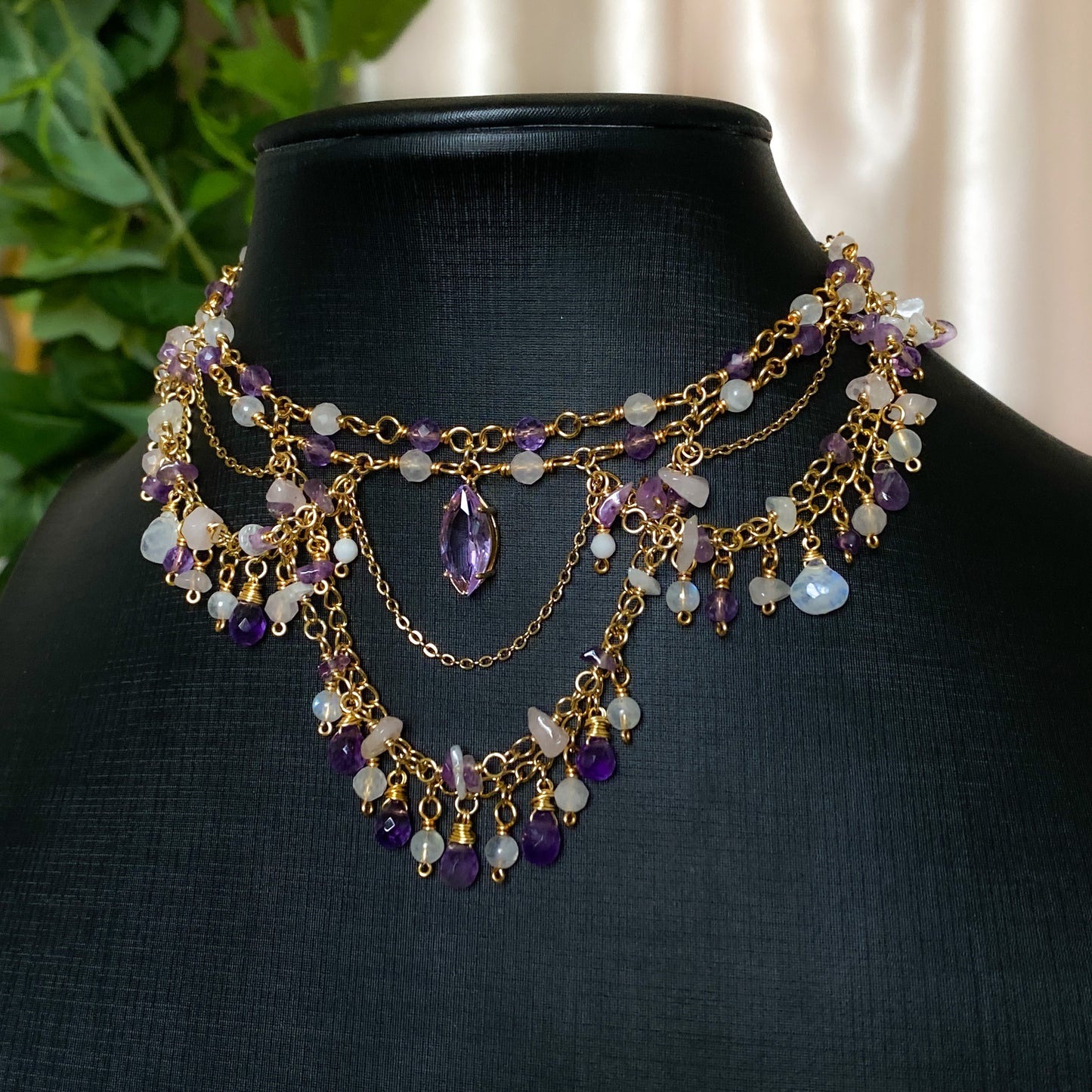 Lover ~ Amethyst, Rose Quartz, Moonstone & Gold Overlay 2 Strand Chandelier Choker