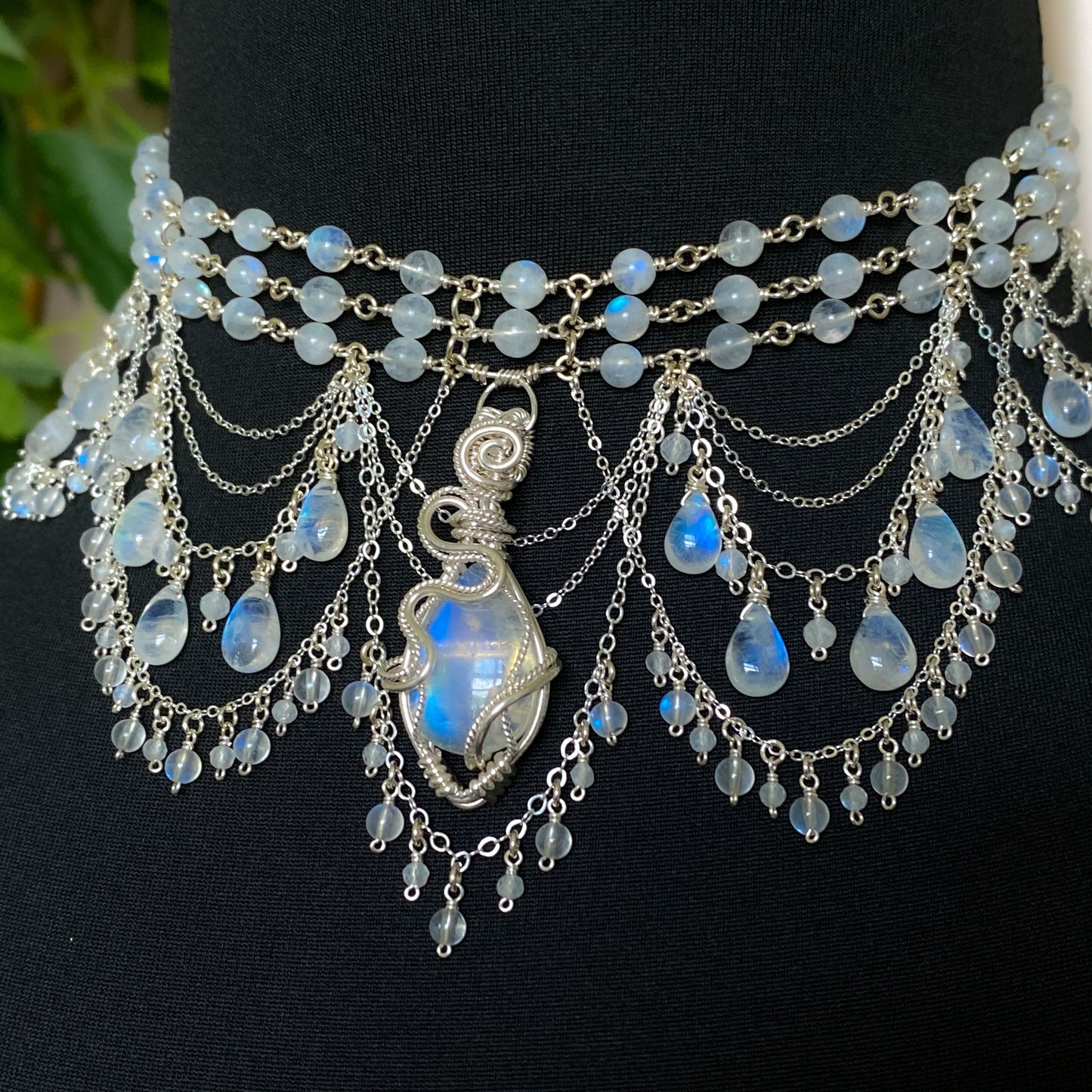 Alice ~ Moonstone & Argentium 3-Strand Chandelier Choker