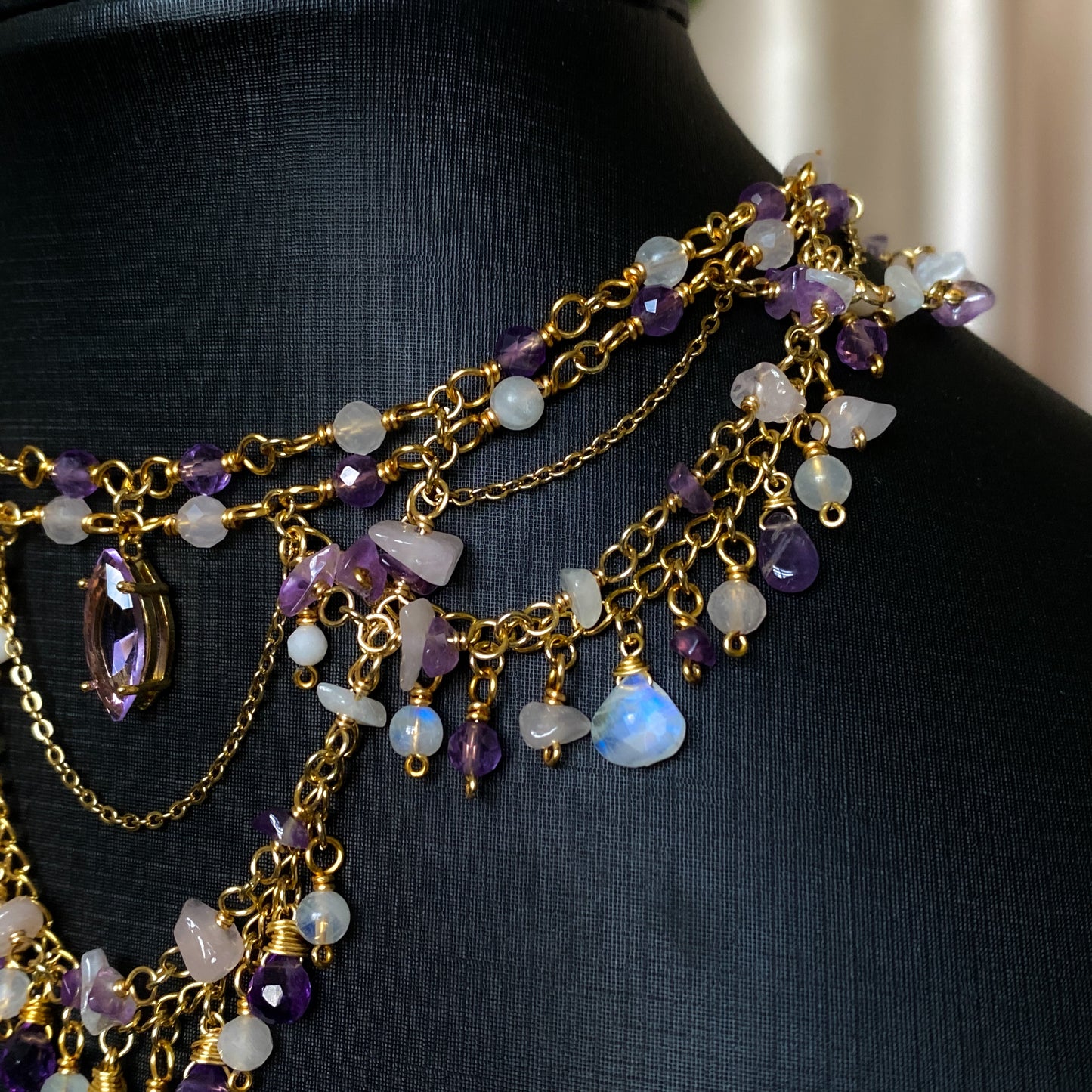 Lover ~ Amethyst, Rose Quartz, Moonstone & Gold Overlay 2 Strand Chandelier Choker