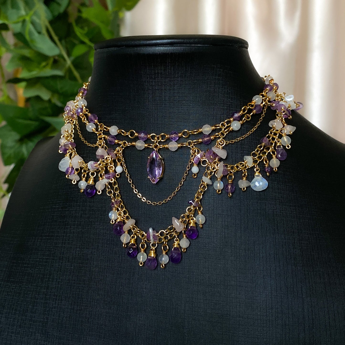 Lover ~ Amethyst, Rose Quartz, Moonstone & Gold Overlay 2 Strand Chandelier Choker