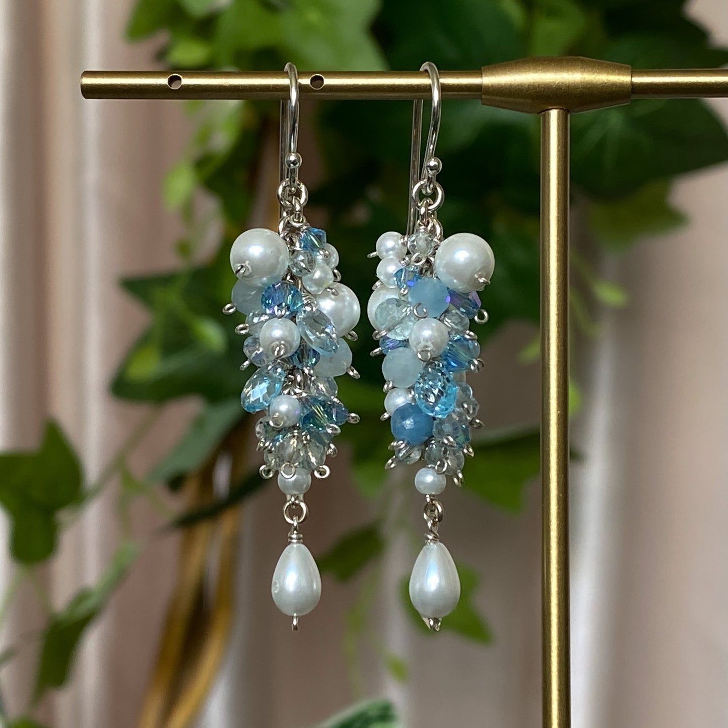 Frost Princess ~ Glass Pearl, Aquamarine, Swarovski Crystal & Argentium Layered Dangles