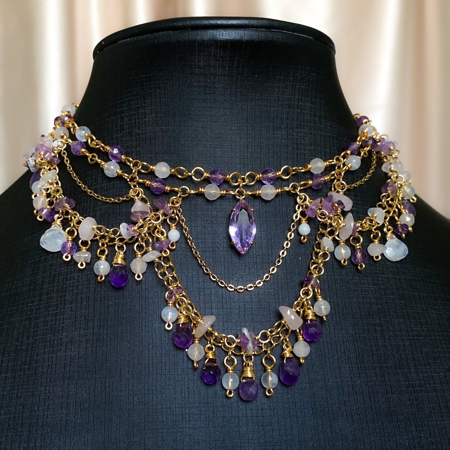 Lover ~ Amethyst, Rose Quartz, Moonstone & Gold Overlay 2 Strand Chandelier Choker