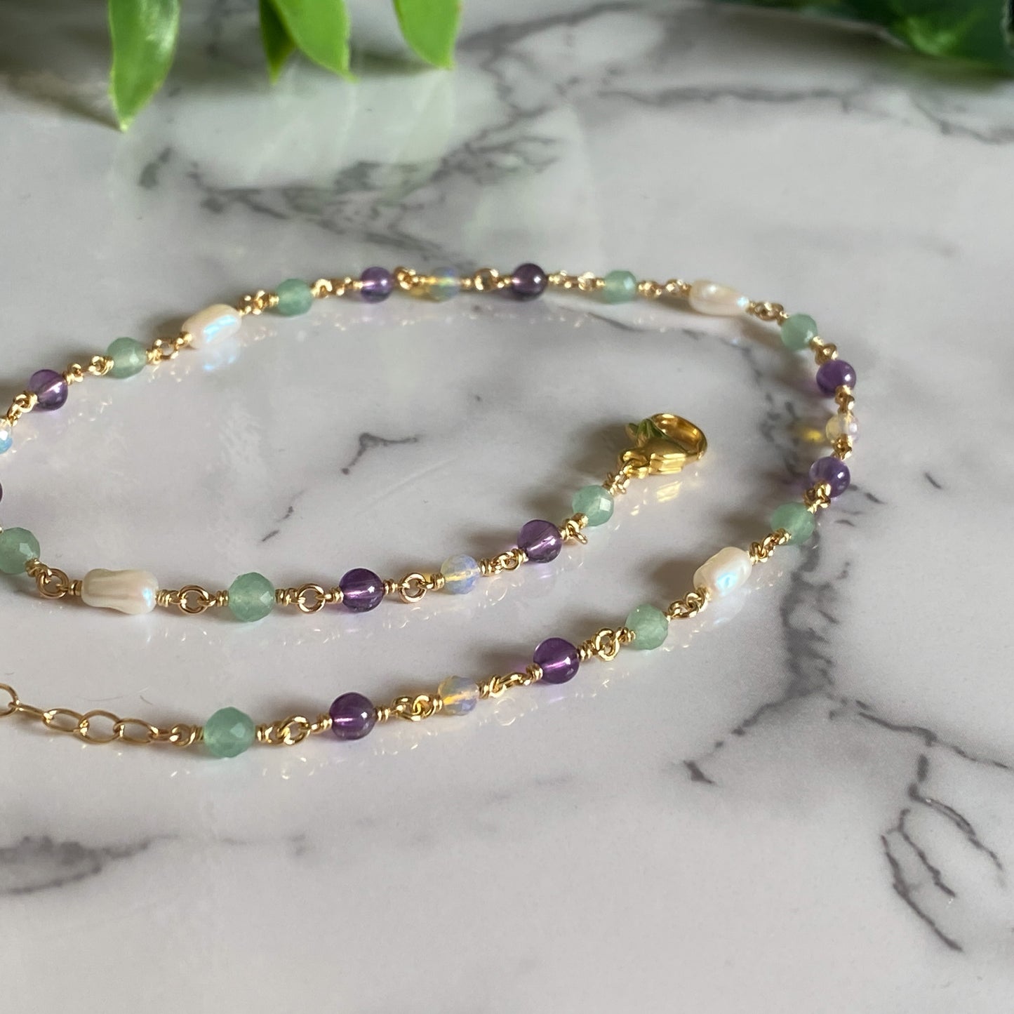 Summer Garden ~ Amethyst, Aventurine, Ethiopian Opal, Vintage Faux Pearl and 14k Gold Filled Choker