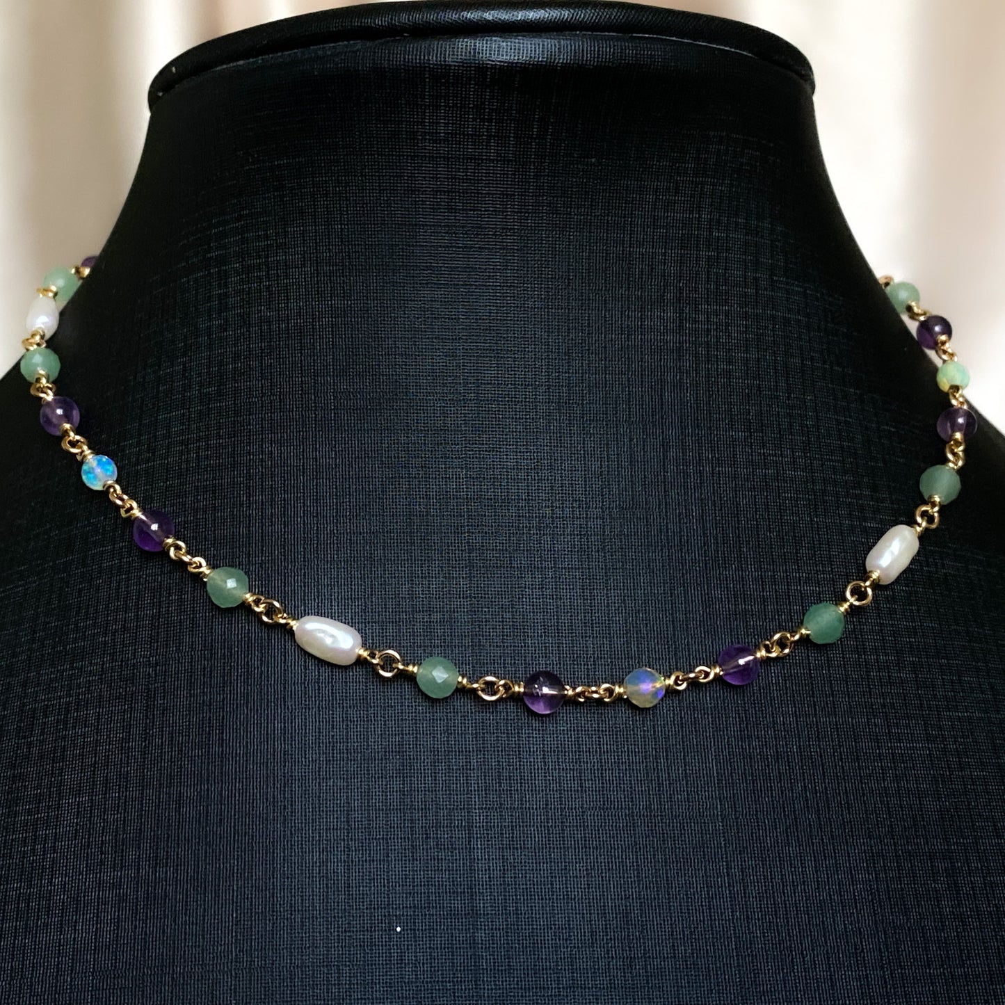 Summer Garden ~ Amethyst, Aventurine, Ethiopian Opal, Vintage Faux Pearl and 14k Gold Filled Choker