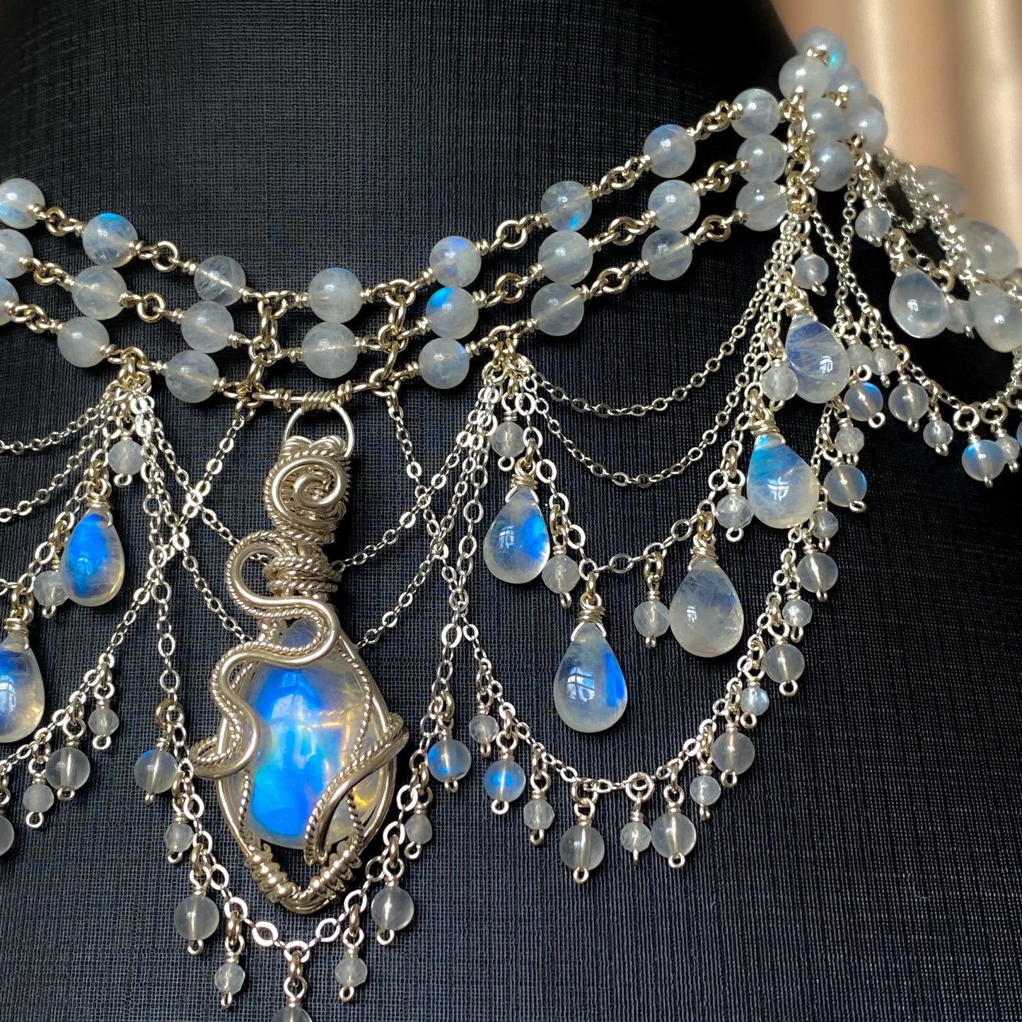 Alice ~ Moonstone & Argentium 3-Strand Chandelier Choker