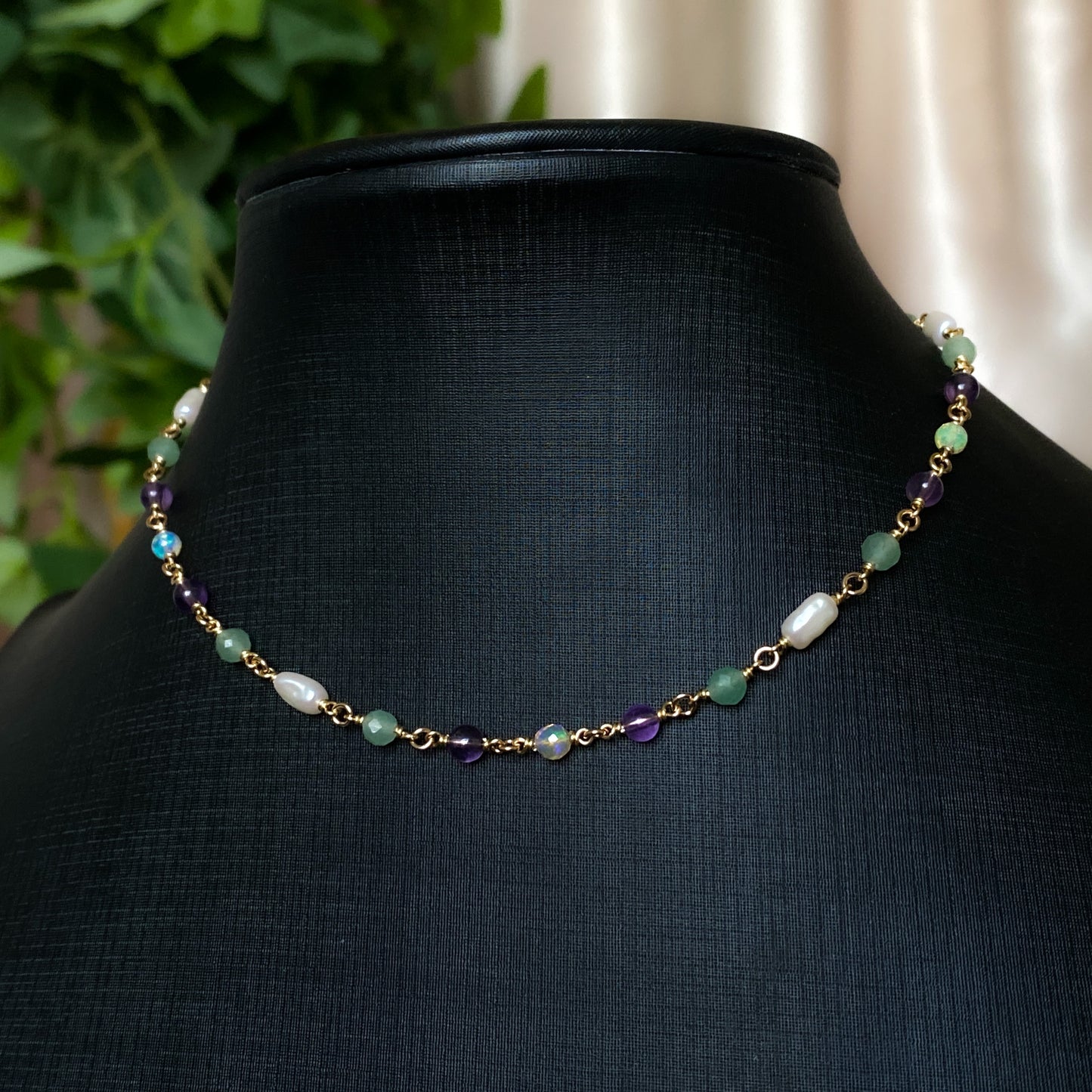 Summer Garden ~ Amethyst, Aventurine, Ethiopian Opal, Vintage Faux Pearl and 14k Gold Filled Choker