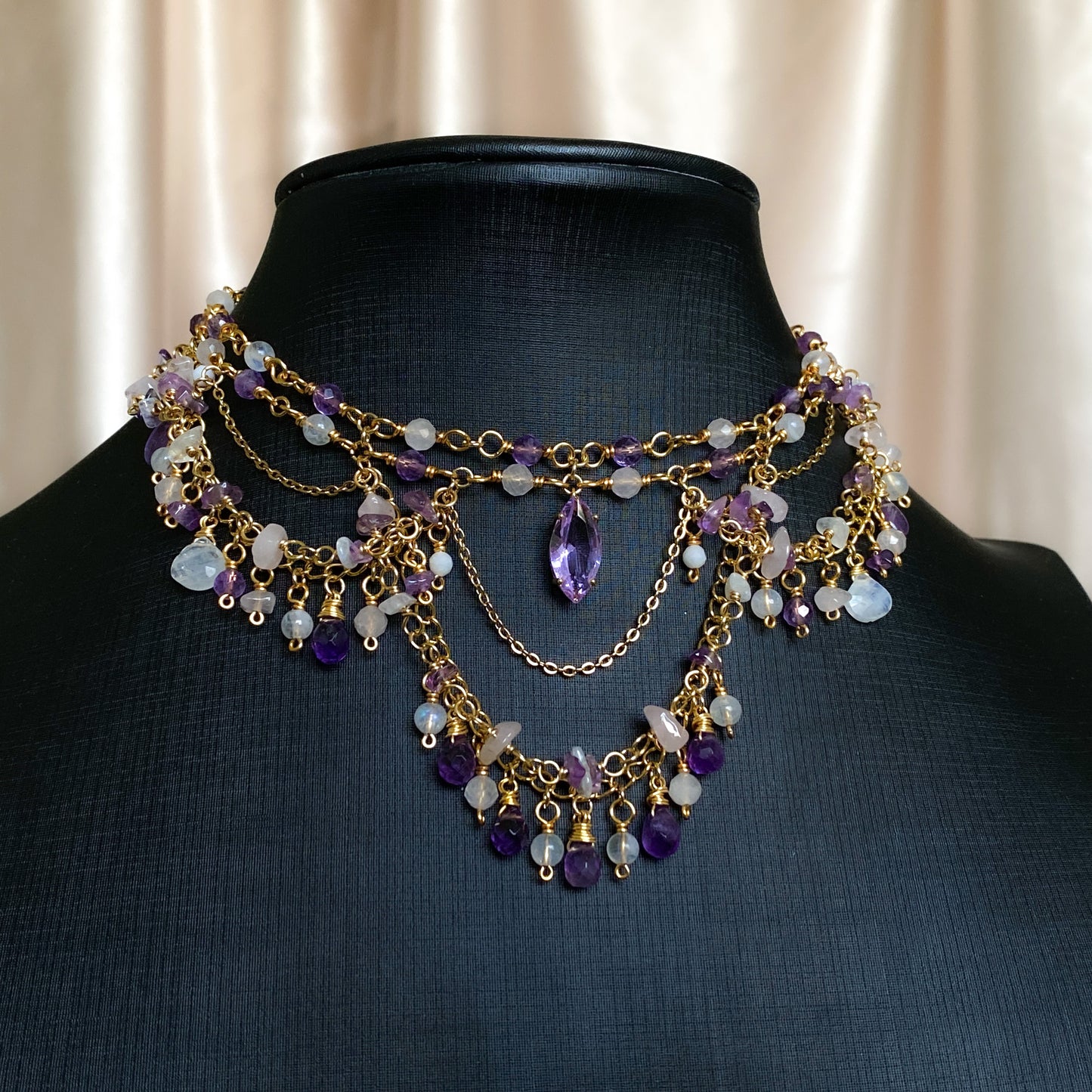 Lover ~ Amethyst, Rose Quartz, Moonstone & Gold Overlay 2 Strand Chandelier Choker