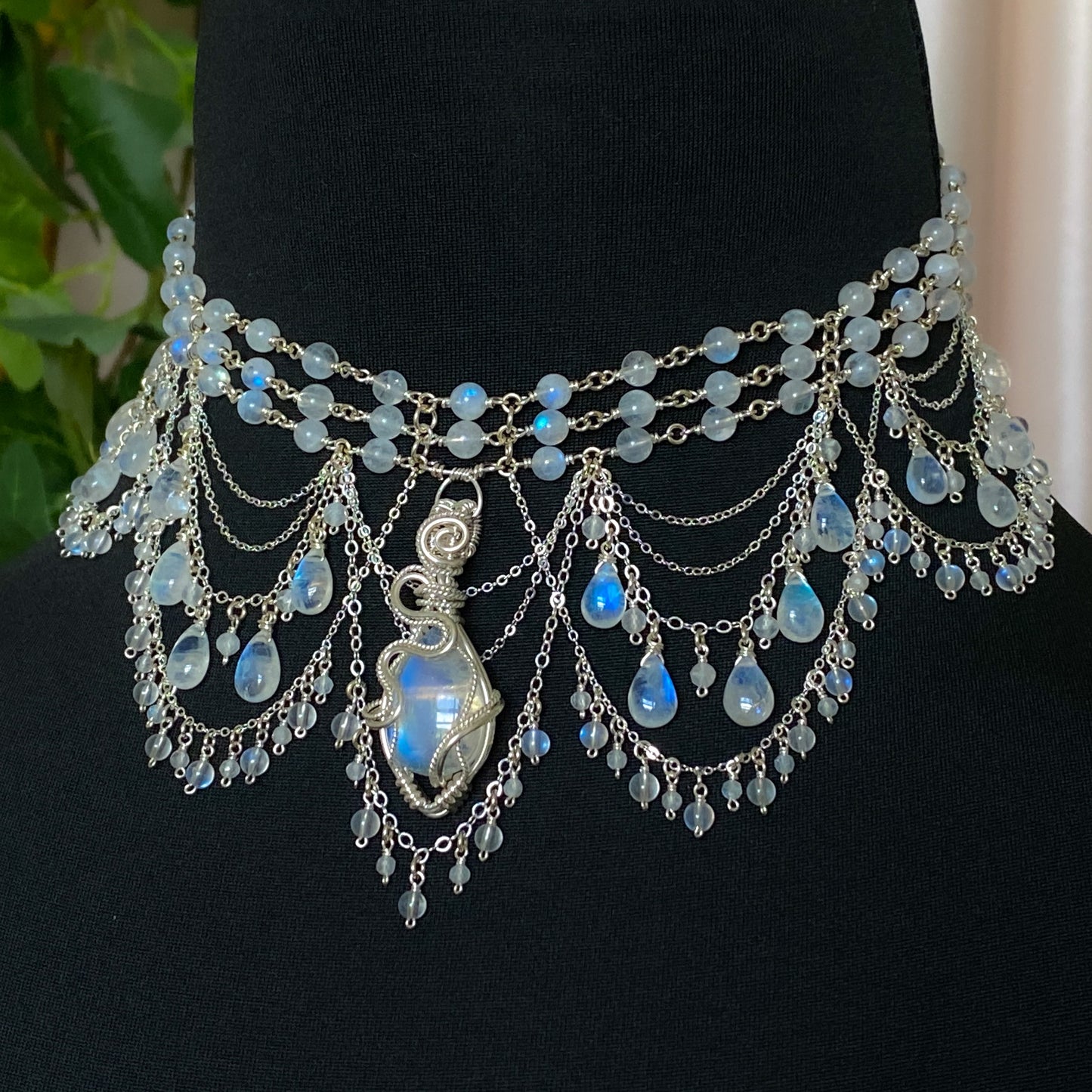Alice ~ Moonstone & Argentium 3-Strand Chandelier Choker