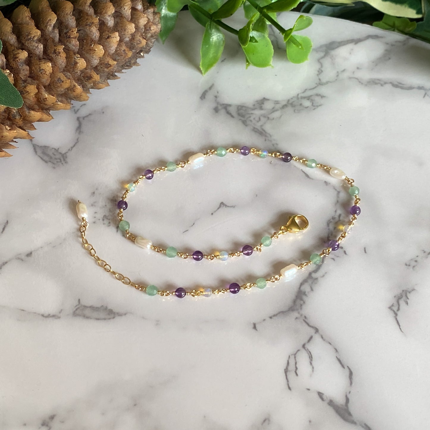 Summer Garden ~ Amethyst, Aventurine, Ethiopian Opal, Vintage Faux Pearl and 14k Gold Filled Choker