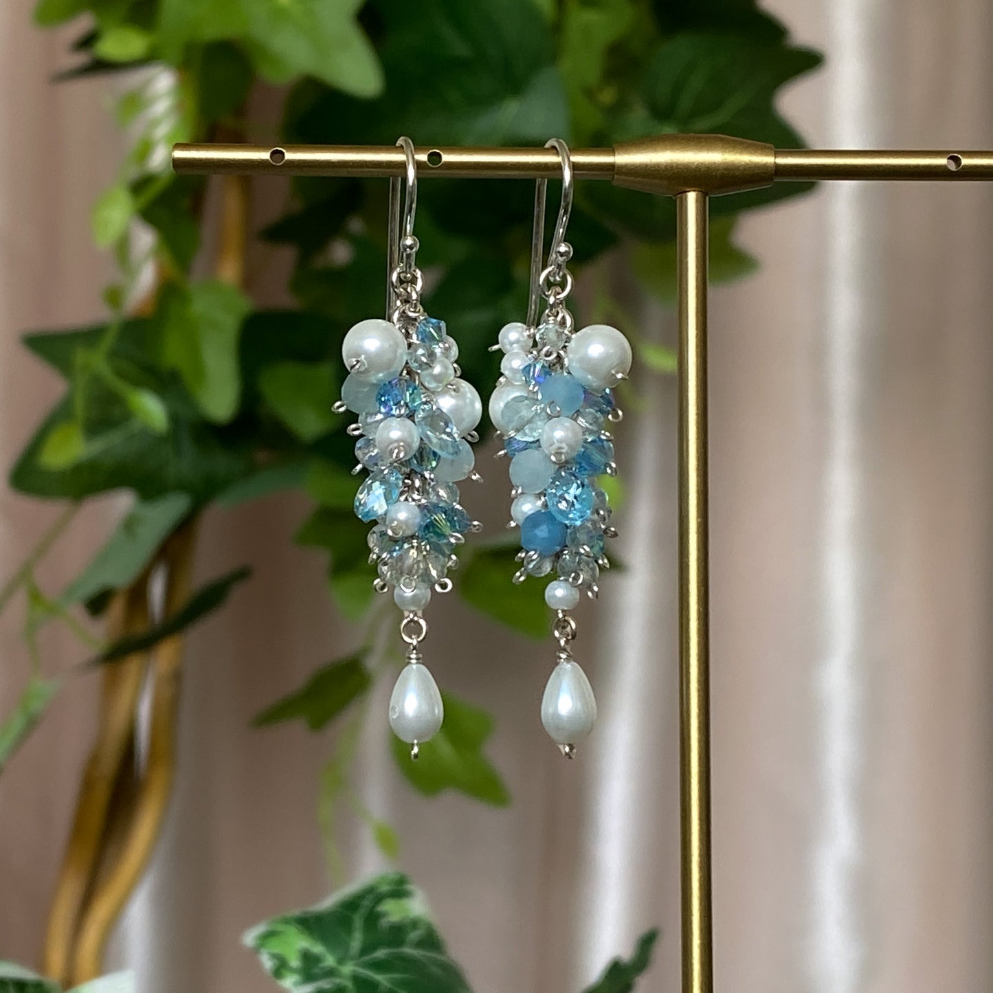 Frost Princess ~ Glass Pearl, Aquamarine, Swarovski Crystal & Argentium Layered Dangles