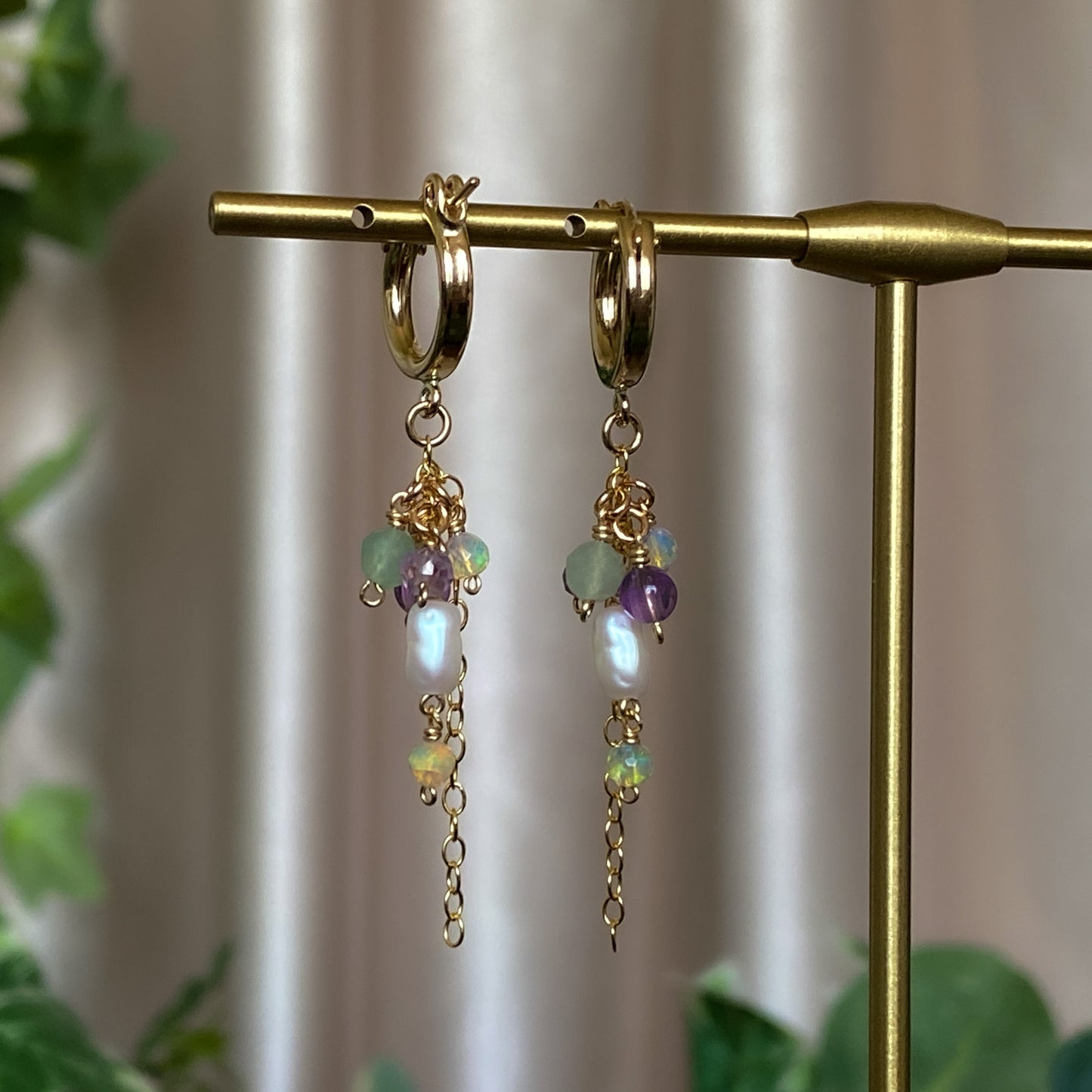 Summer Garden ~ Amethyst, Aventurine, Ethiopian Opal, Vintage Faux Pearl and 14k Gold Filled Mini Layered Dangles