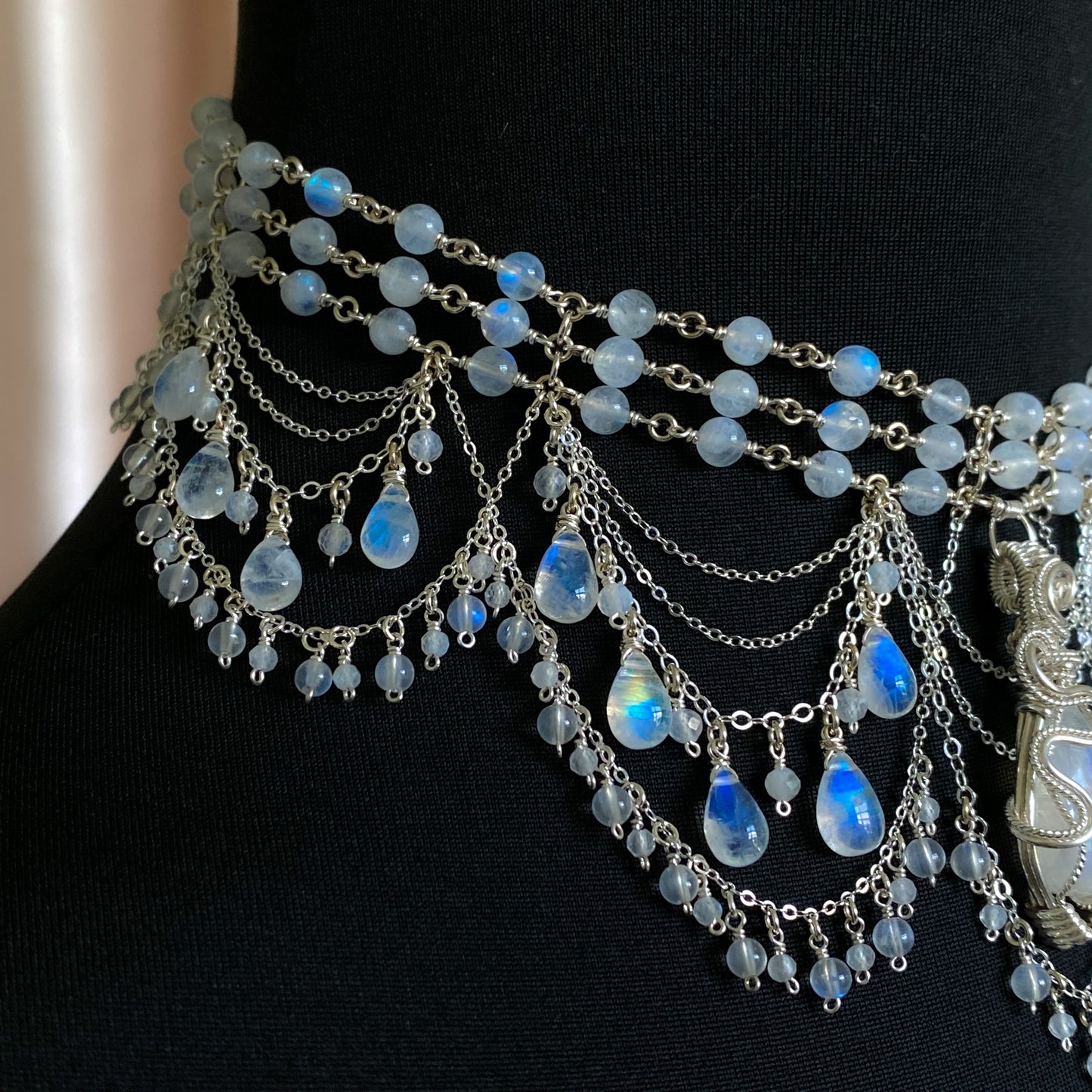 Alice ~ Moonstone & Argentium 3-Strand Chandelier Choker