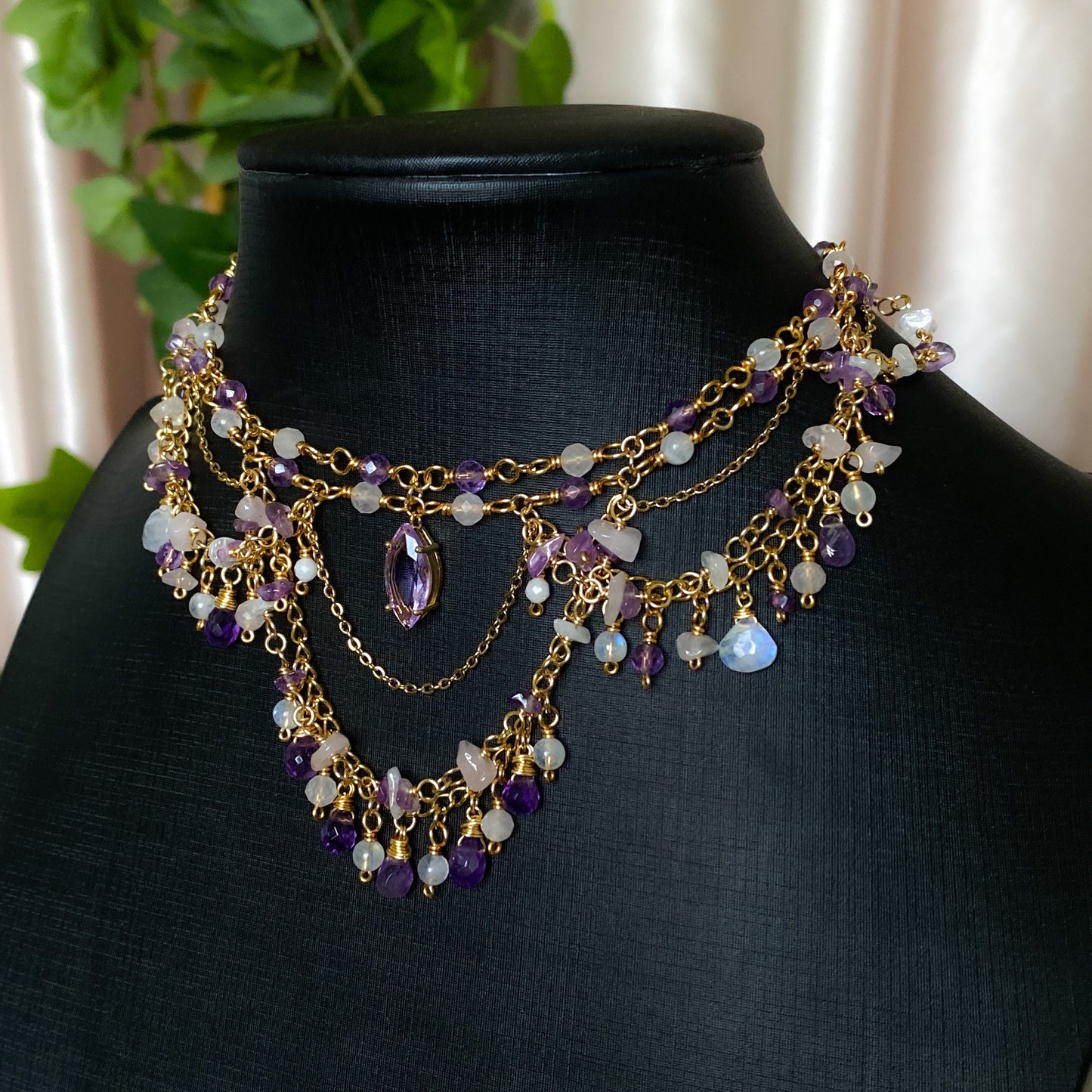 Lover ~ Amethyst, Rose Quartz, Moonstone & Gold Overlay 2 Strand Chandelier Choker