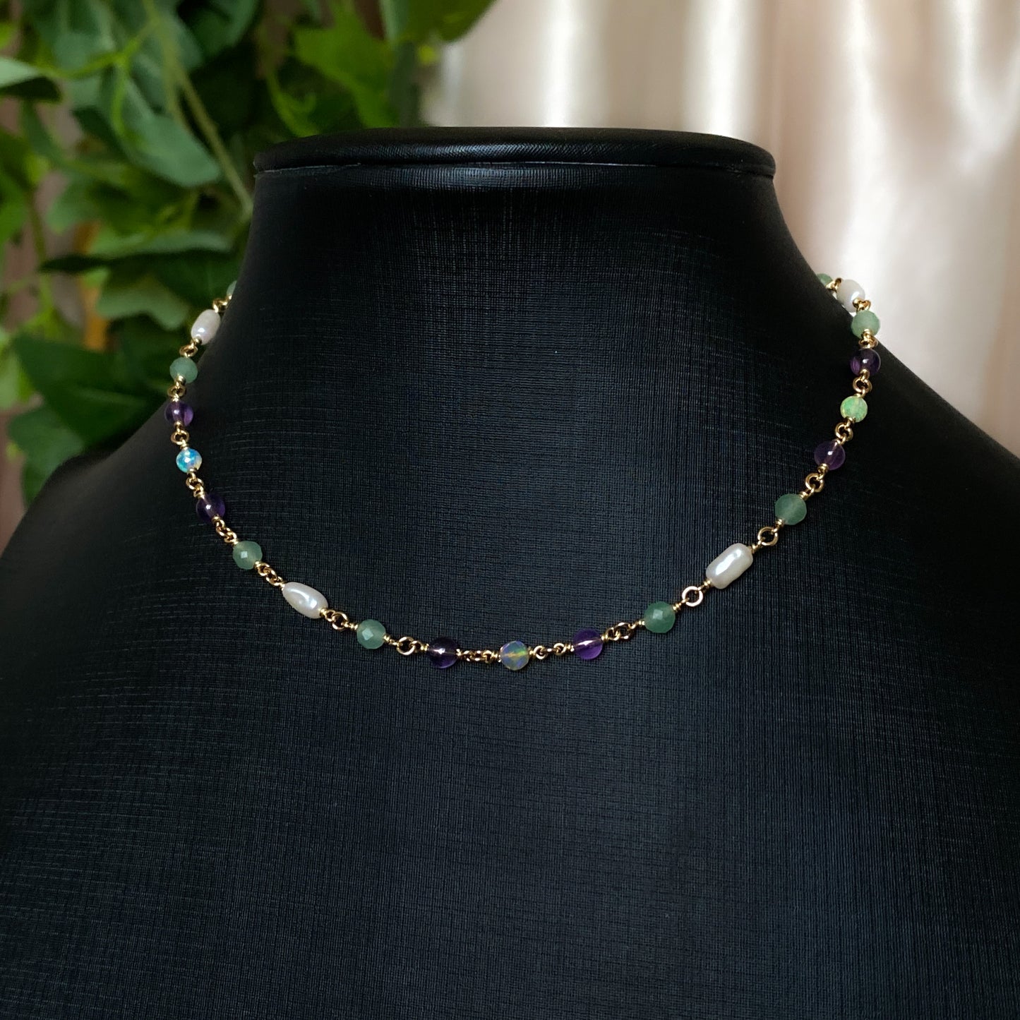 Summer Garden ~ Amethyst, Aventurine, Ethiopian Opal, Vintage Faux Pearl and 14k Gold Filled Choker