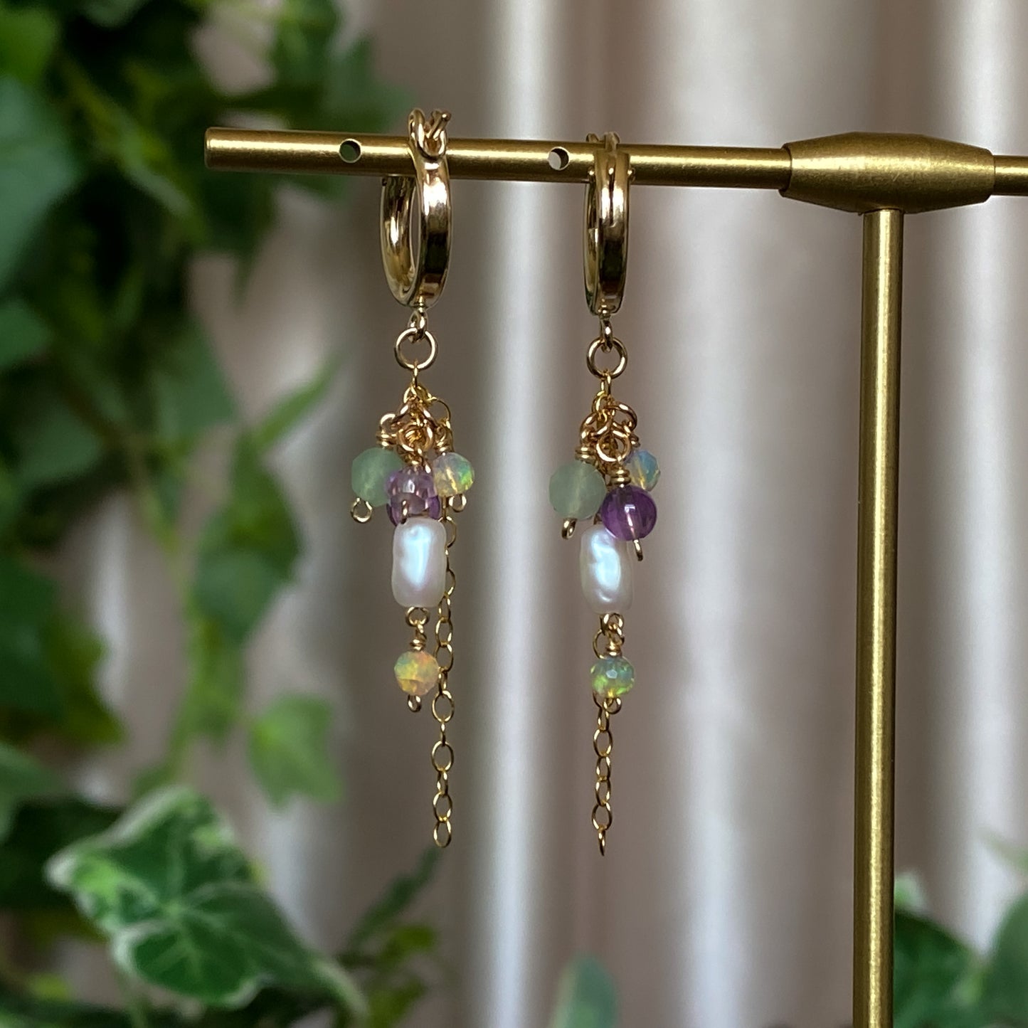 Summer Garden ~ Amethyst, Aventurine, Ethiopian Opal, Vintage Faux Pearl and 14k Gold Filled Mini Layered Dangles