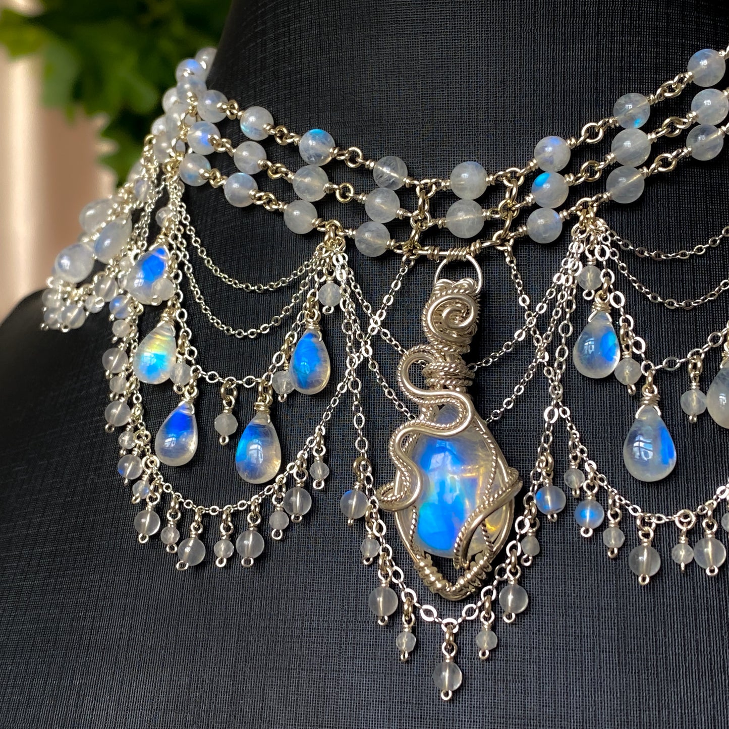 Alice ~ Moonstone & Argentium 3-Strand Chandelier Choker