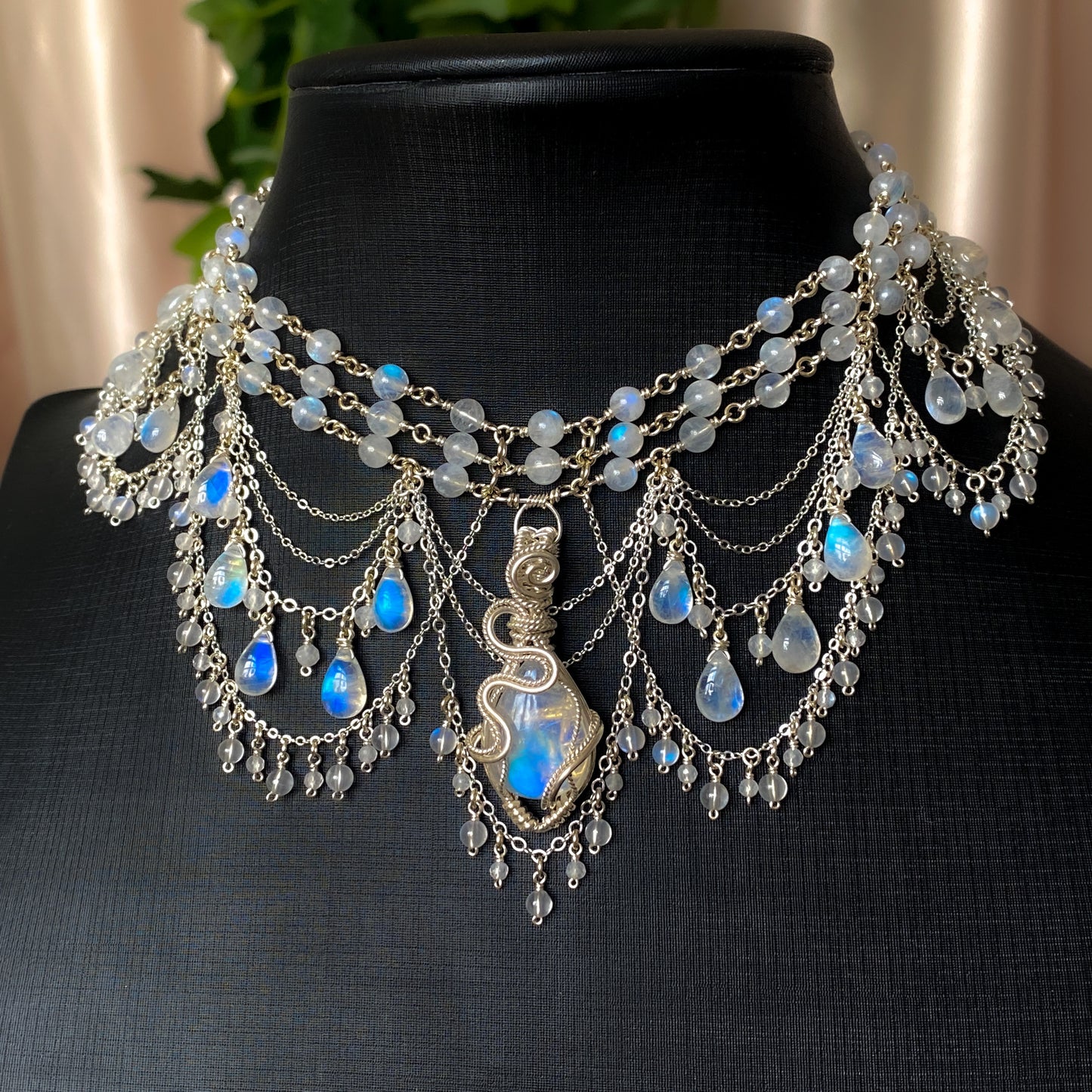 Alice ~ Moonstone & Argentium 3-Strand Chandelier Choker