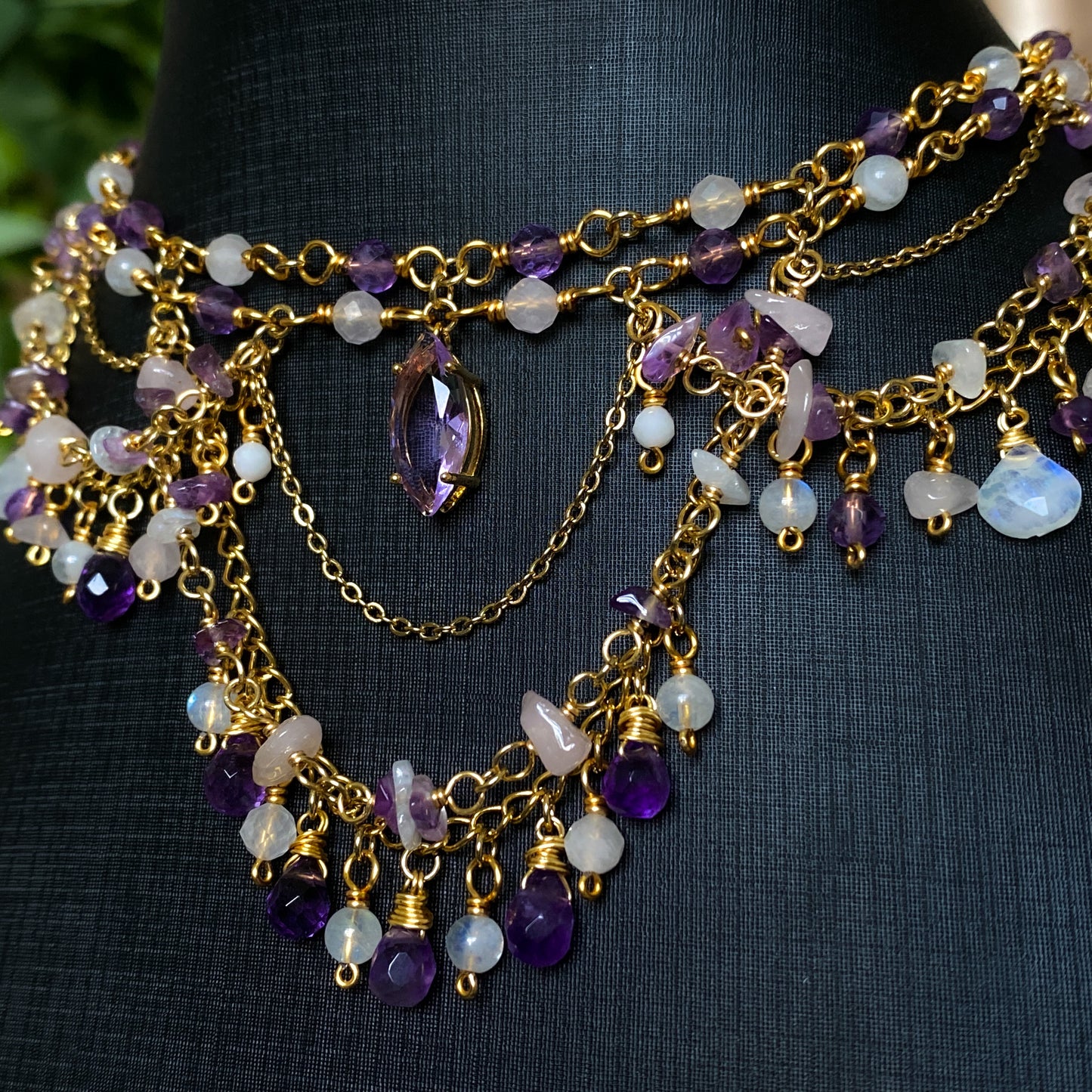 Lover ~ Amethyst, Rose Quartz, Moonstone & Gold Overlay 2 Strand Chandelier Choker