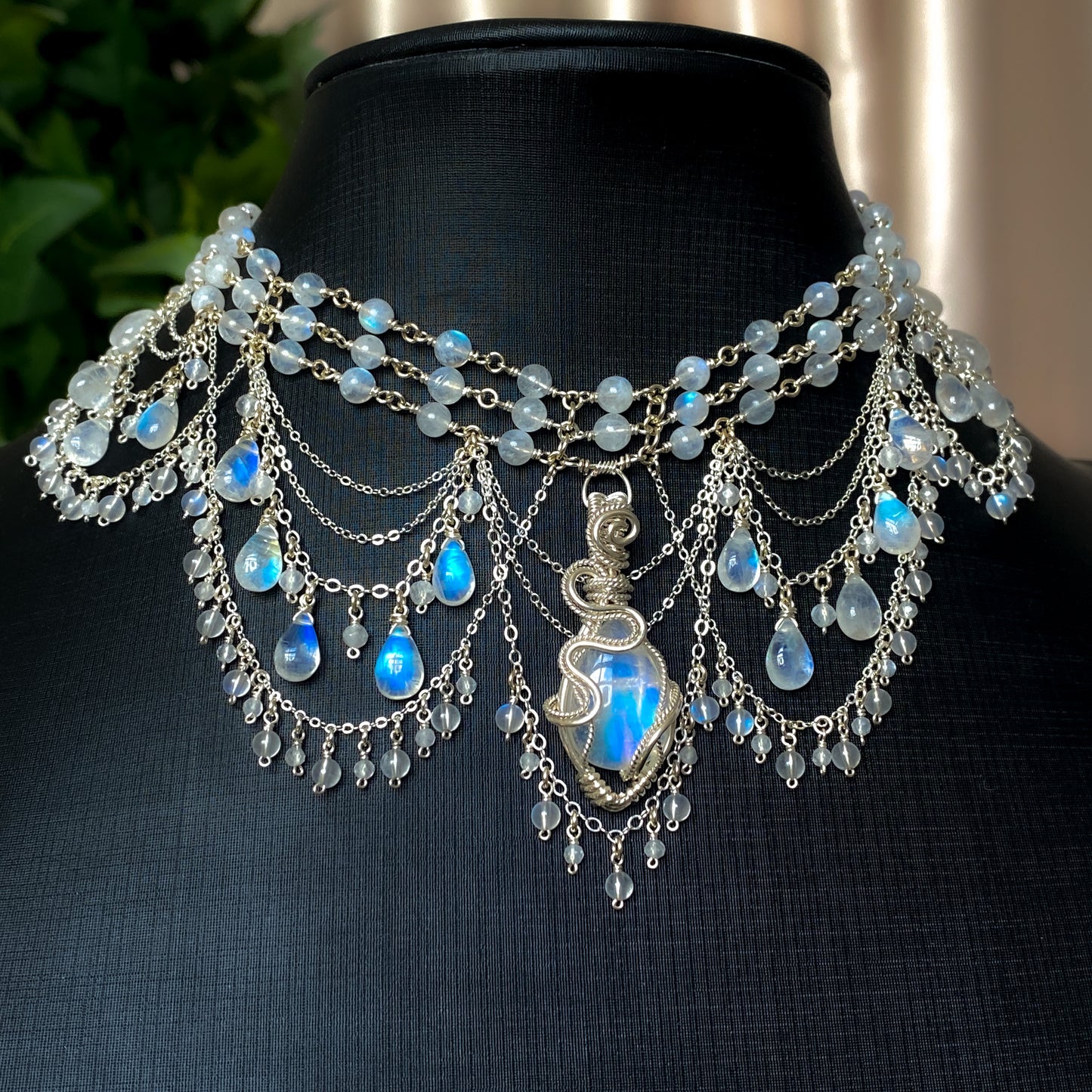Alice ~ Moonstone & Argentium 3-Strand Chandelier Choker
