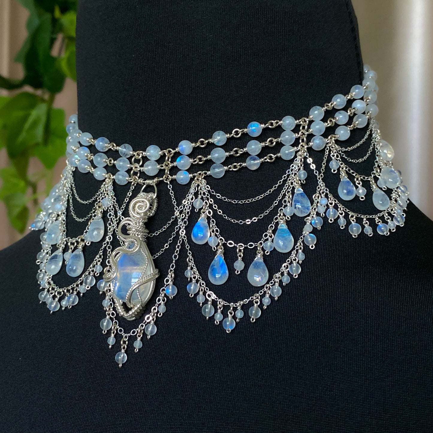 Alice ~ Moonstone & Argentium 3-Strand Chandelier Choker