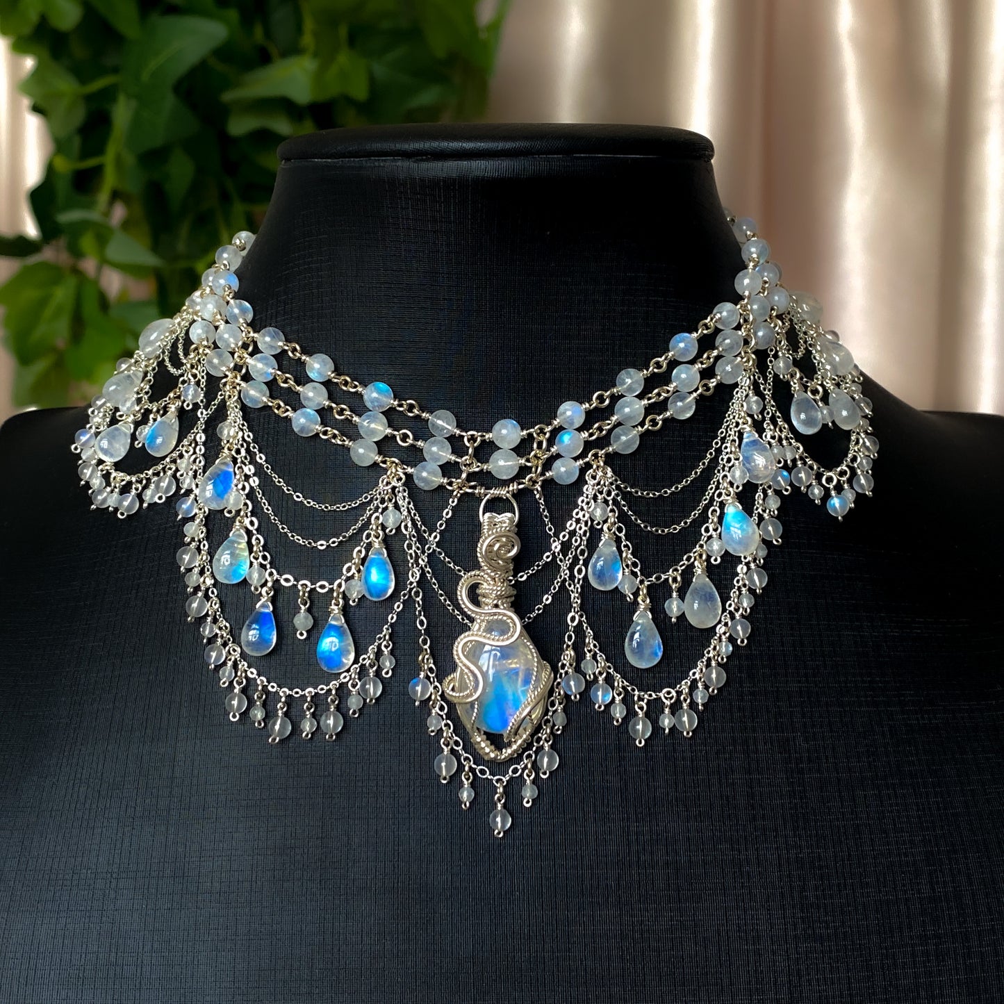 Alice ~ Moonstone & Argentium 3-Strand Chandelier Choker