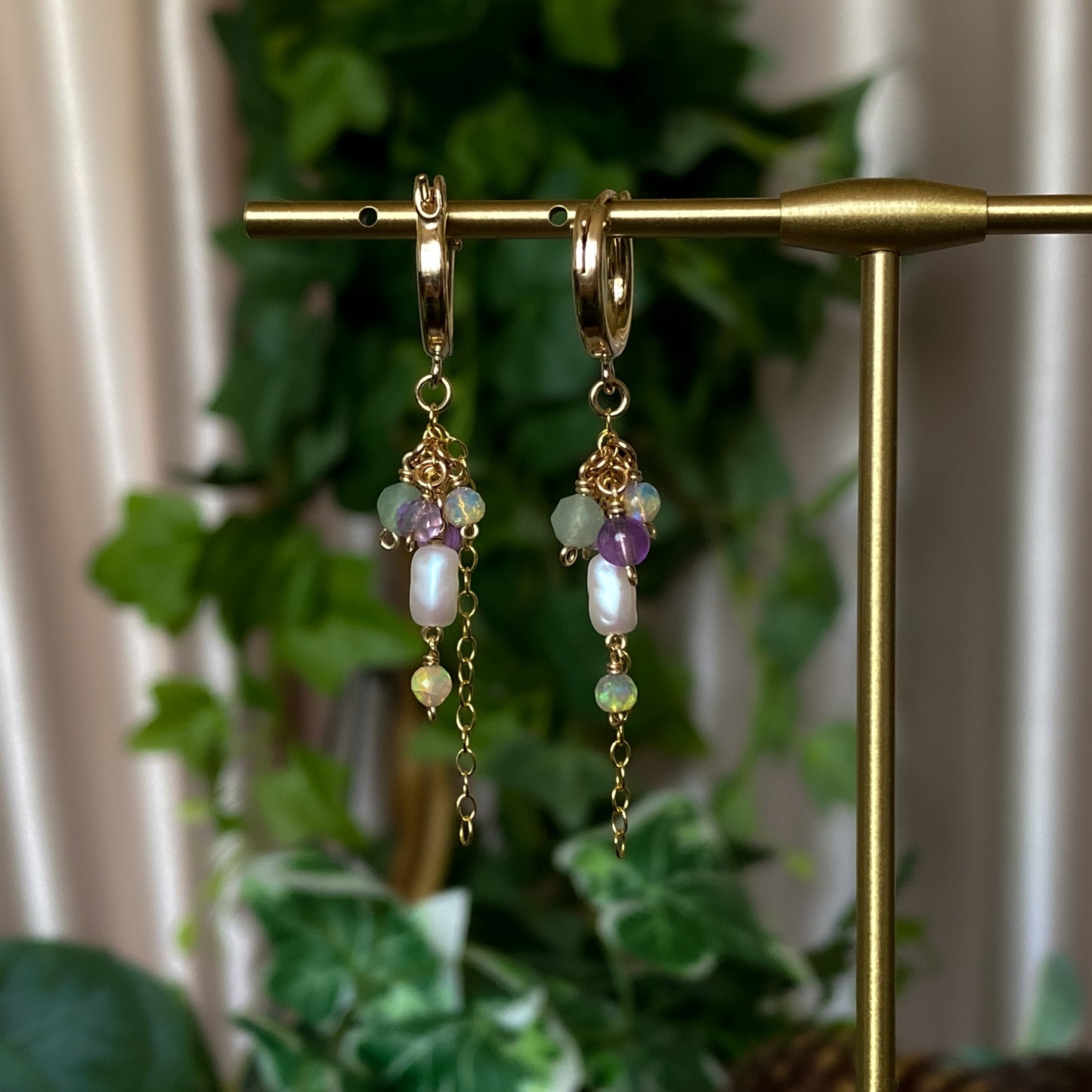 Summer Garden ~ Amethyst, Aventurine, Ethiopian Opal, Vintage Faux Pearl and 14k Gold Filled Mini Layered Dangles