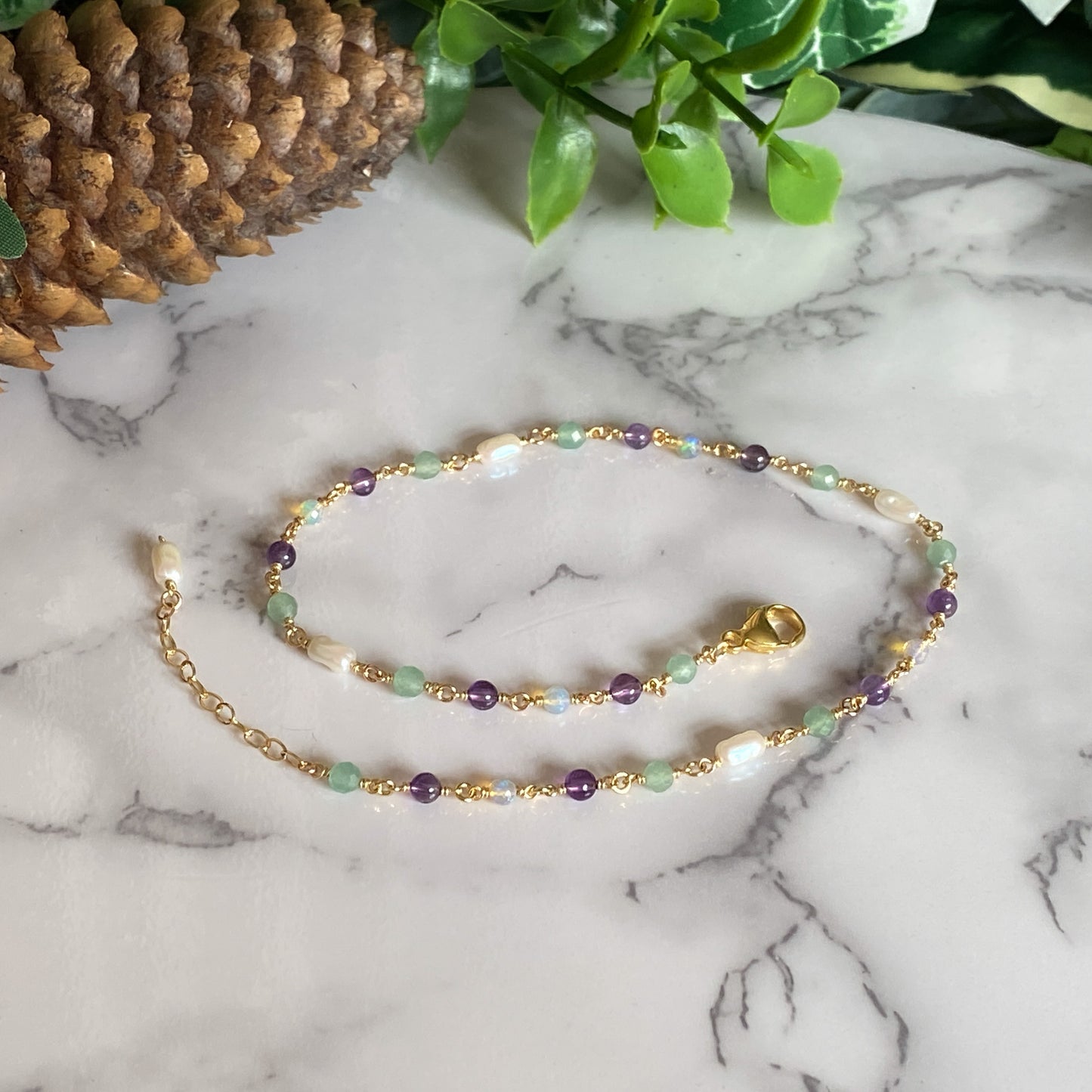 Summer Garden ~ Amethyst, Aventurine, Ethiopian Opal, Vintage Faux Pearl and 14k Gold Filled Choker