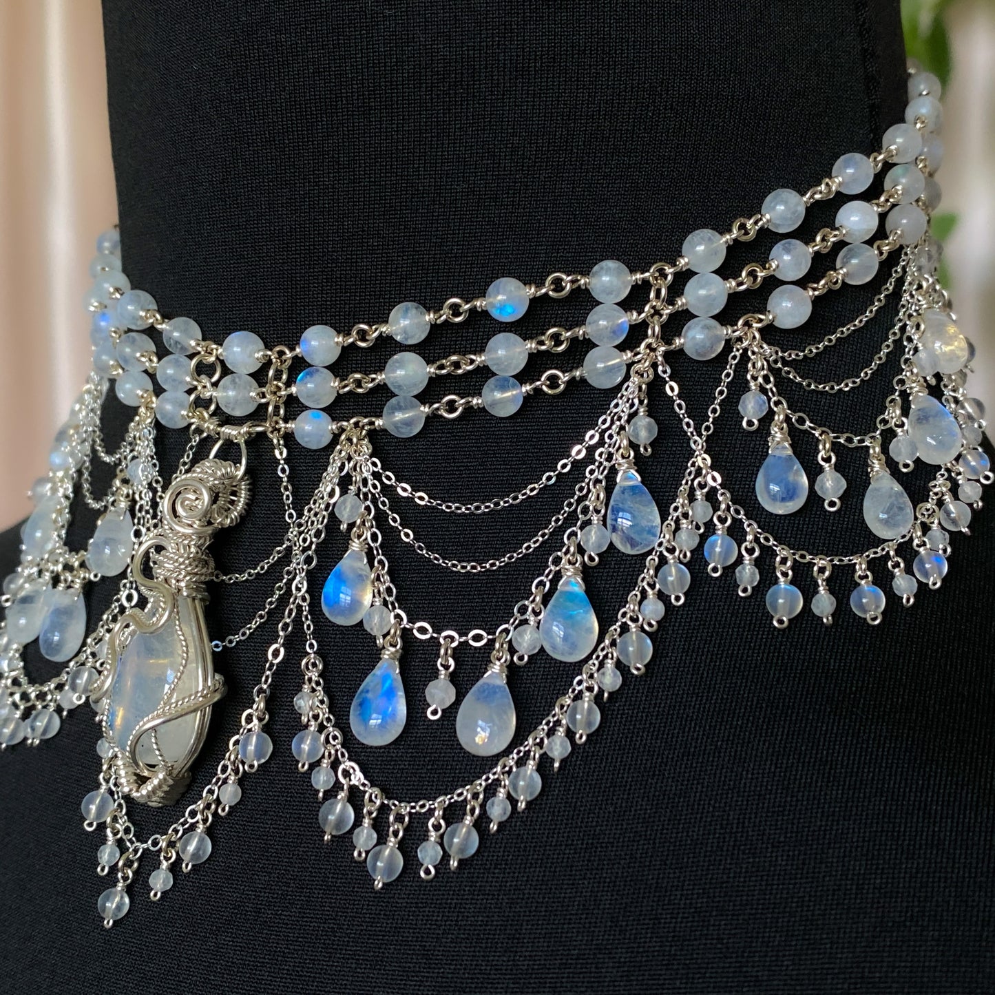 Alice ~ Moonstone & Argentium 3-Strand Chandelier Choker