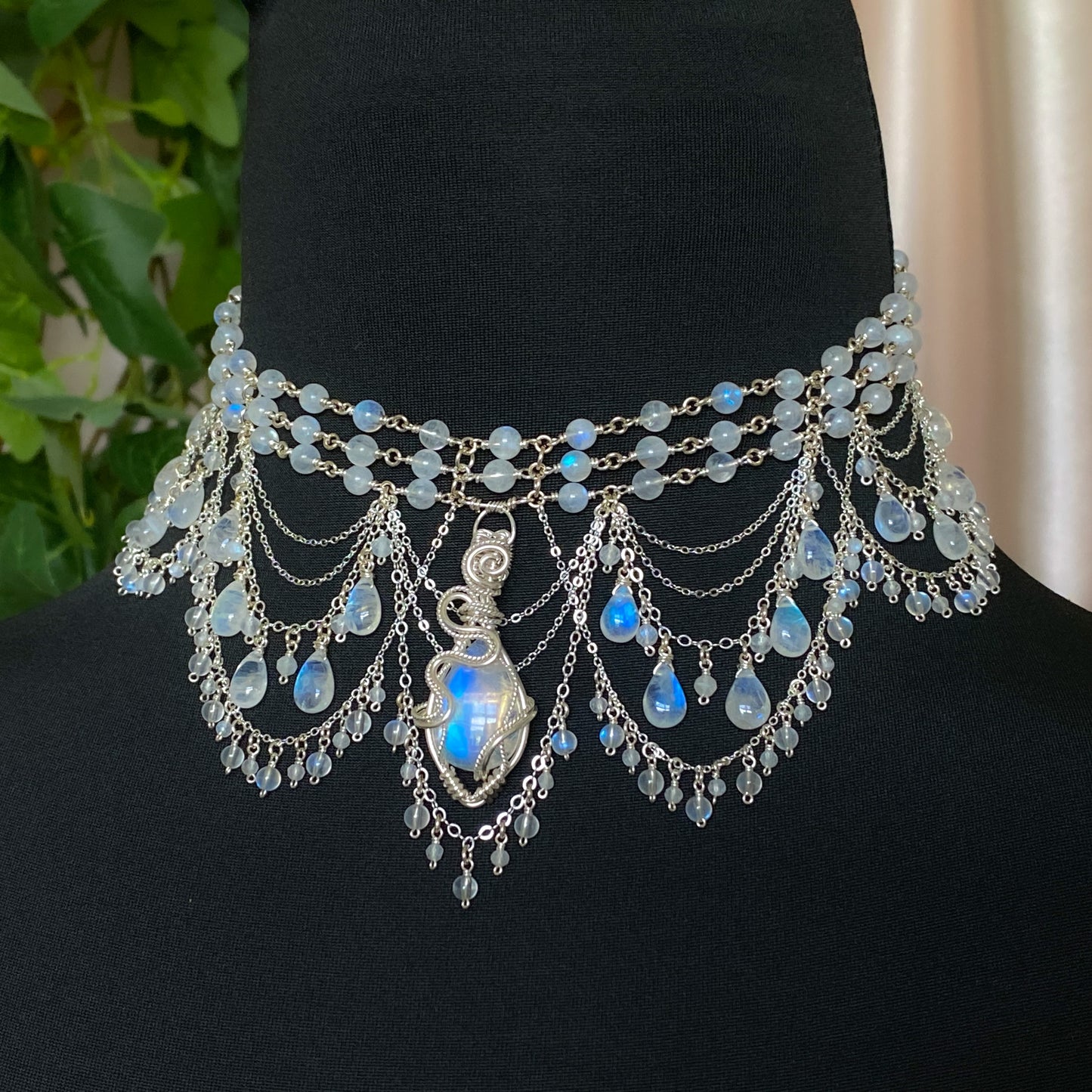 Alice ~ Moonstone & Argentium 3-Strand Chandelier Choker