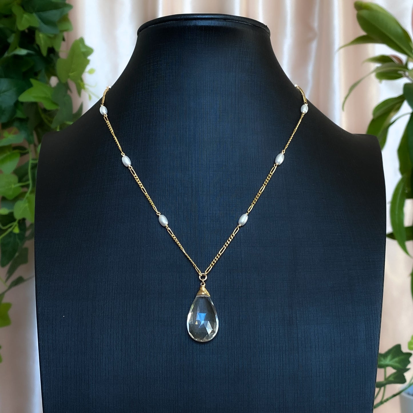 Zarina ~ Glass Pearl, Clear Quartz and 14k Gold Filled Satellite Chain Pendant