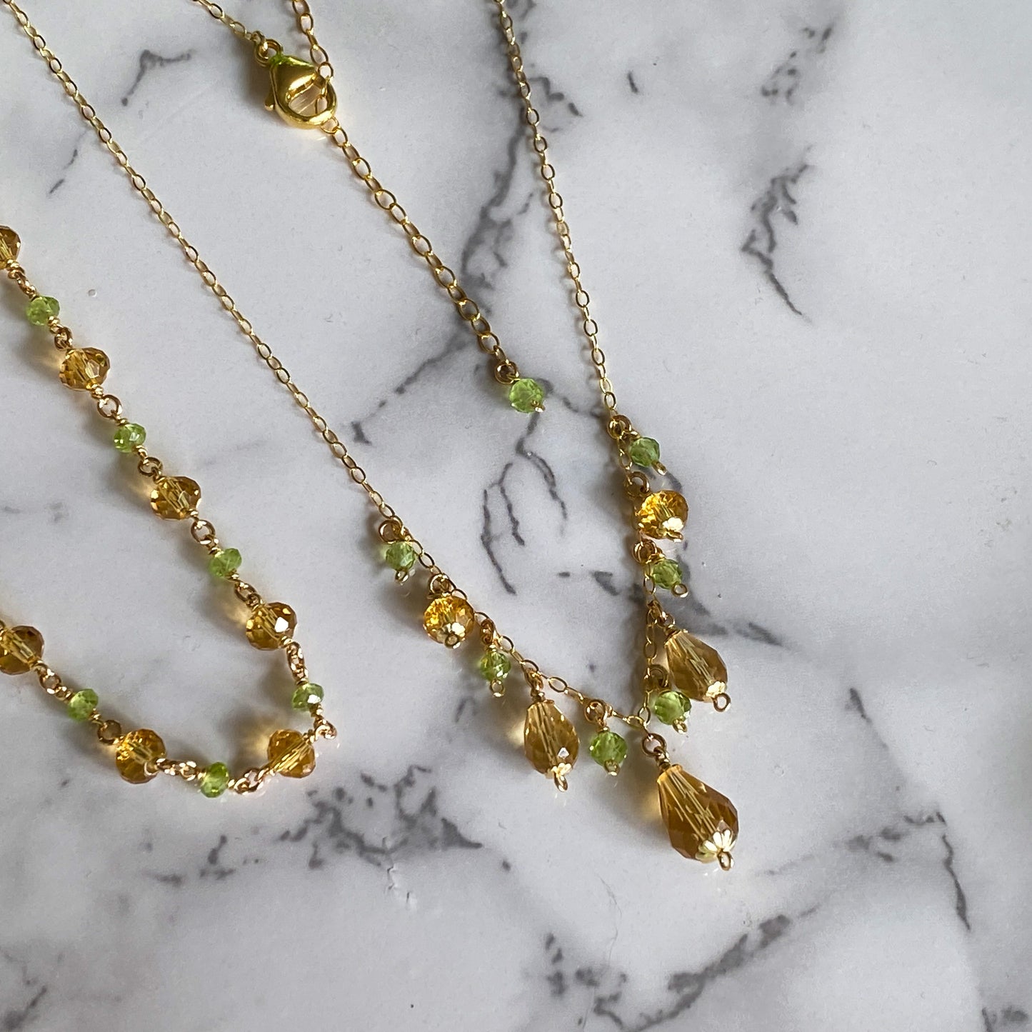 Fawn ~ Amber Glass, Peridot and 14k Gold Filled Dainty Charm Necklace