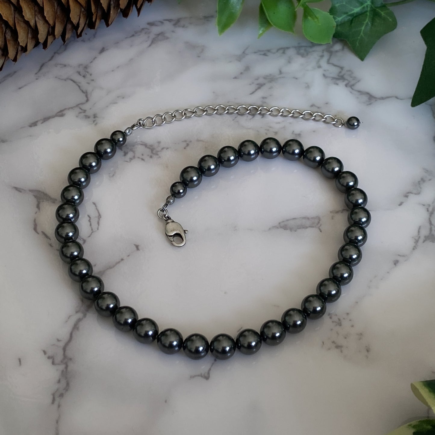 Tara ~ Dark Siren Black Pearl Choker with Glass Pearls, Antique Silver Shells and Stainless Steel