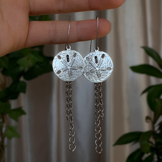 Tara ~ Dark Siren Sand Dollar Earrings with Antique Silver Shells on Stainless Steel V-Hooks