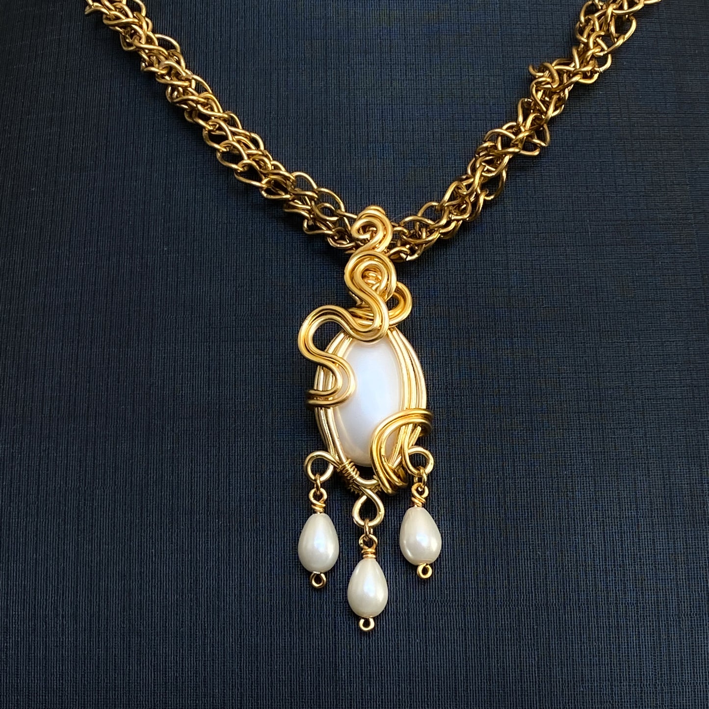 Venus II ~ Glass Pearl and Gold Overlay Braided Chain Wire Wrapped Pendant