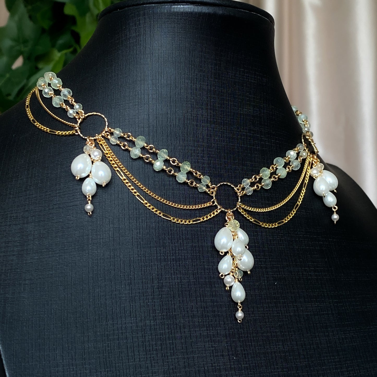 Lily of the Valley ~ Glass Pearl, Prehnite, and 14k Gold Filled 2-Strand Choker