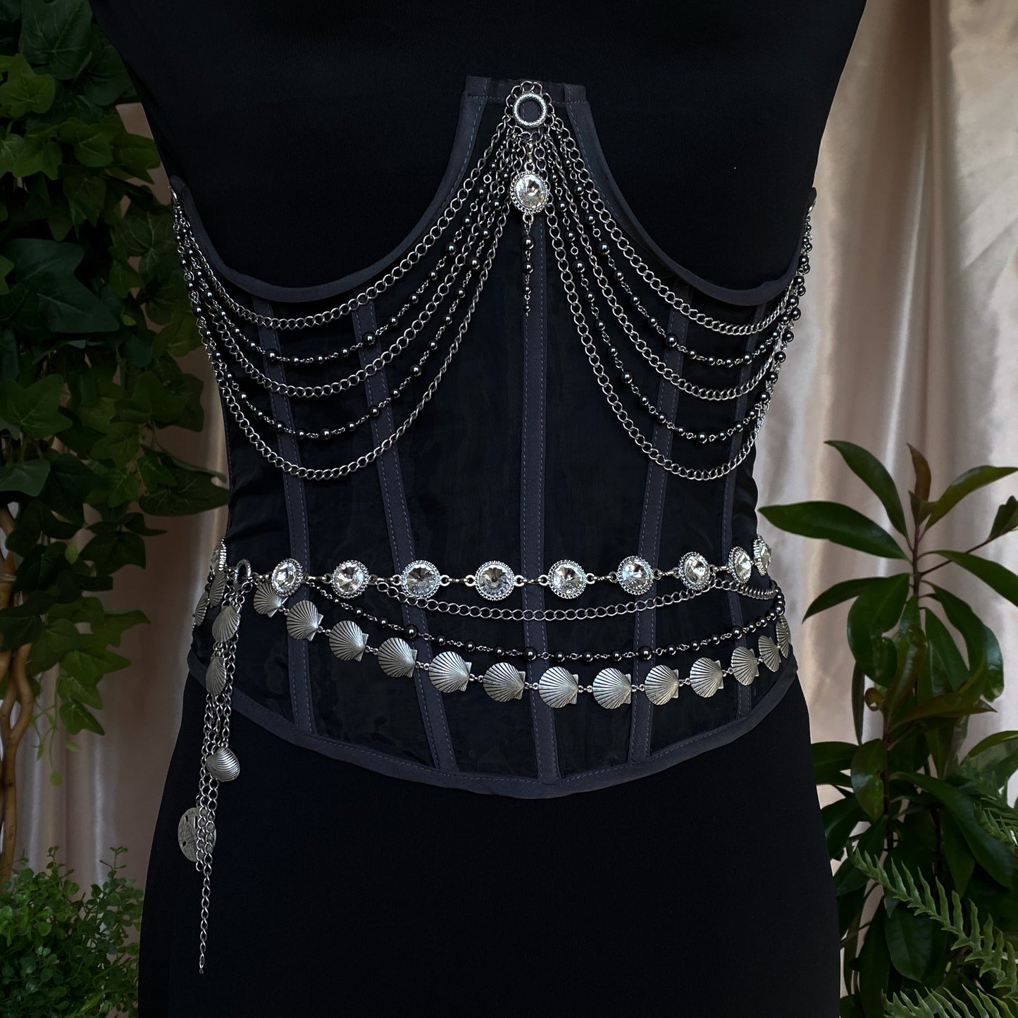 Tara ~ Dark Siren Layered Black Pearl Choker with Glass Pearls, Antique Silver Shells and Stainless Steel