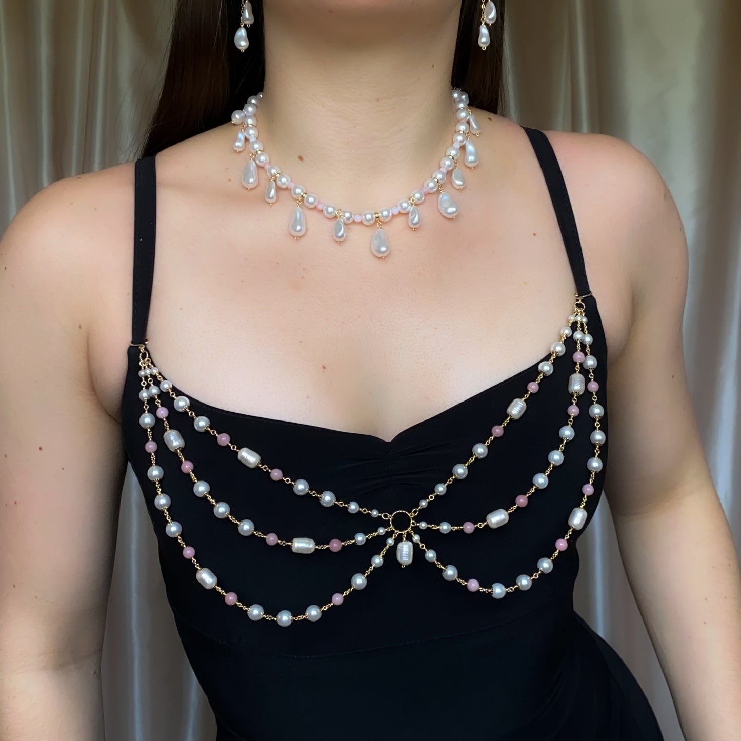 Blaire ~ Crystal Pearl, Pink Opal, and 14k Gold Filled Strapless Bralette