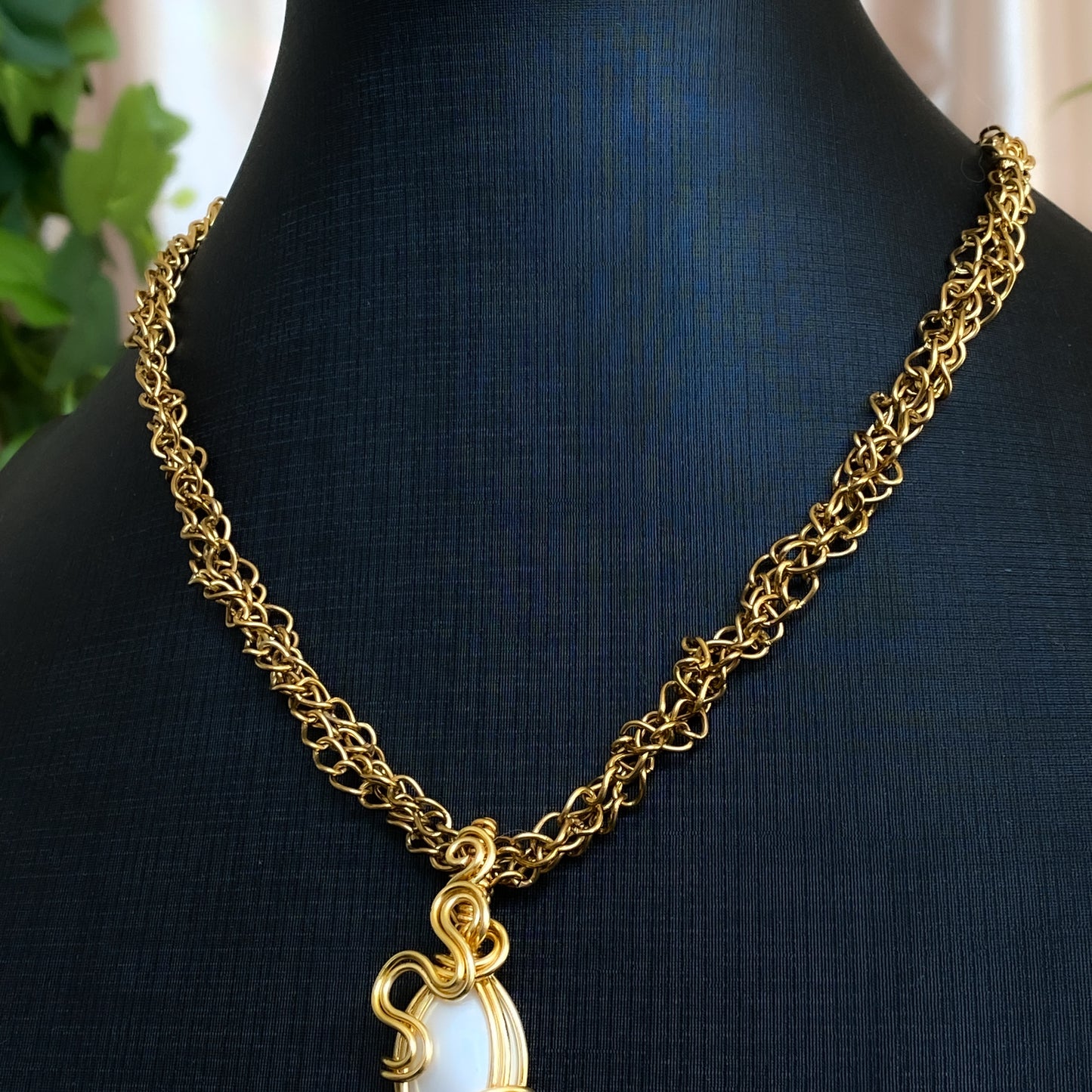 Venus II ~ Glass Pearl and Gold Overlay Braided Chain Wire Wrapped Pendant