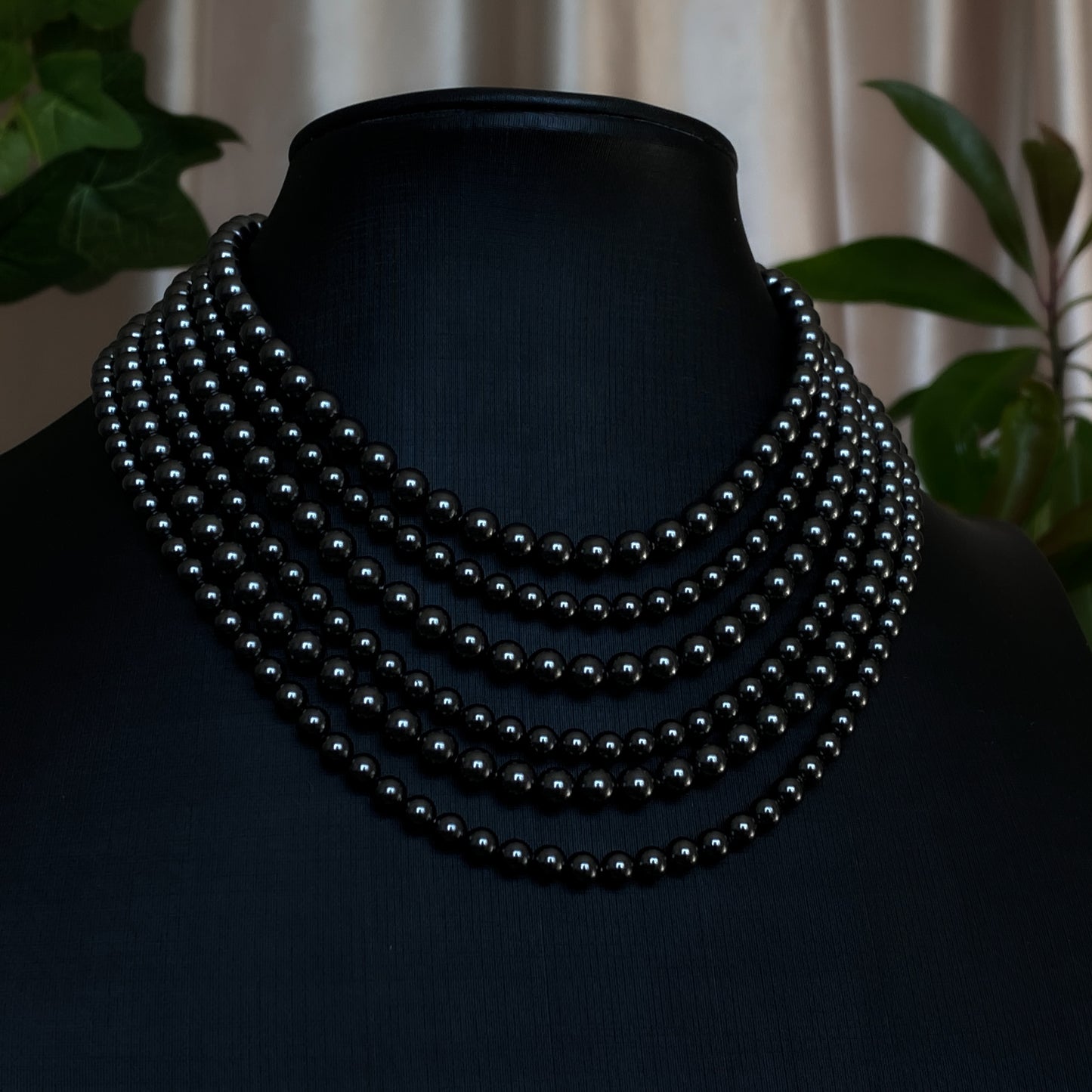 Tara ~ Dark Siren Layered Black Pearl Choker with Glass Pearls, Antique Silver Shells and Stainless Steel