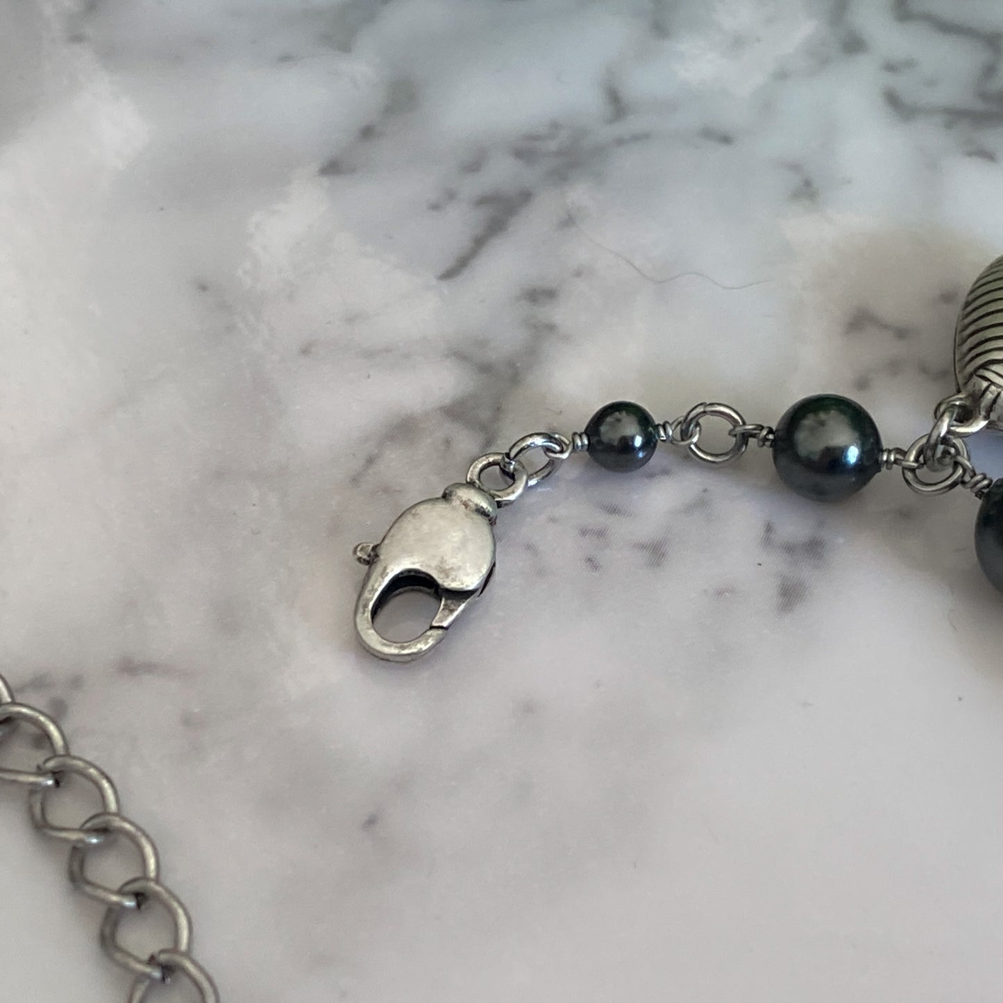 Tara ~ Dark Siren Shell Charm Choker with Glass Pearls, Antique Silver Shells and Stainless Steel