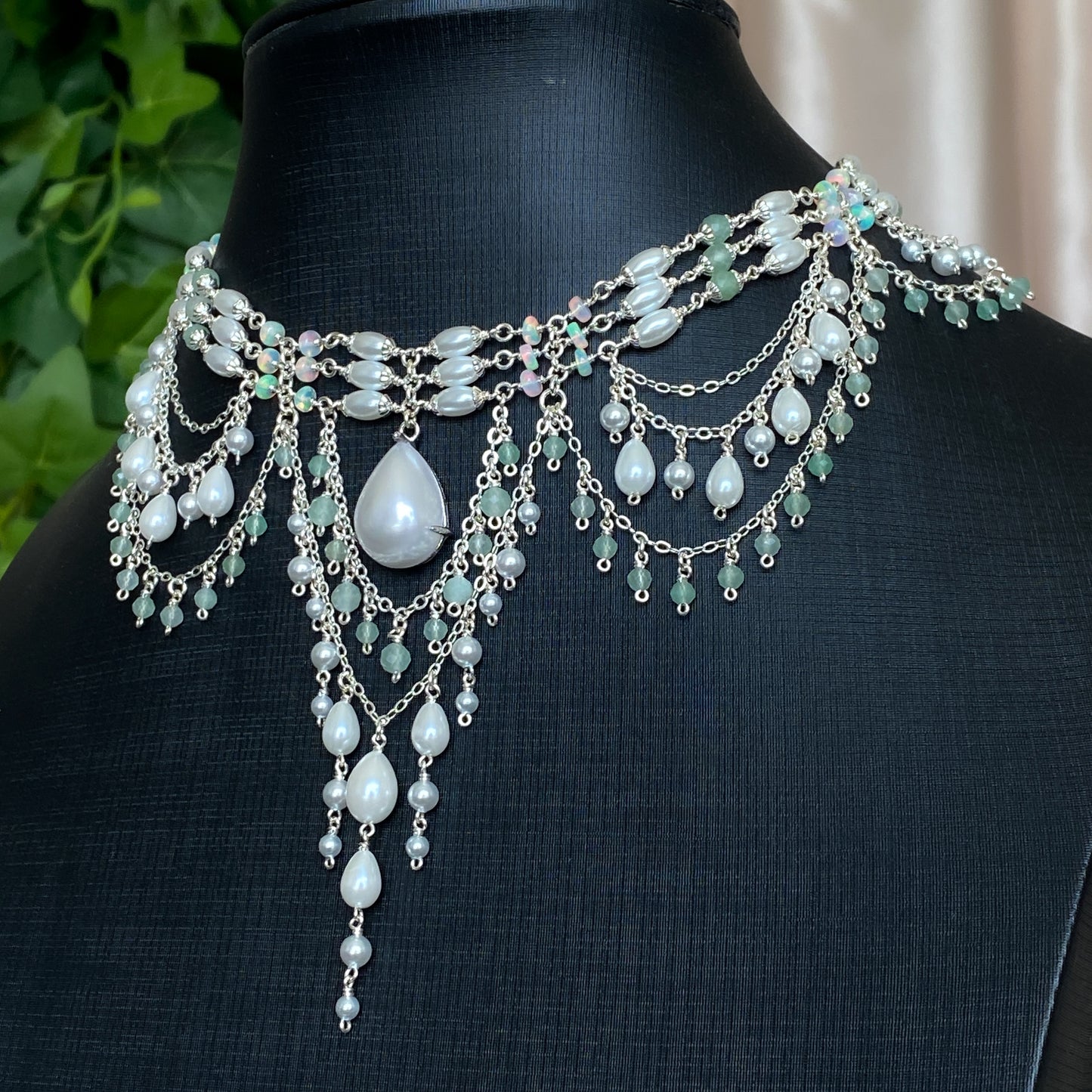 Florence ~ Crystal Pearl, Aventurine, Ethiopian Opal, and Sterling Silver 3-Strand Choker