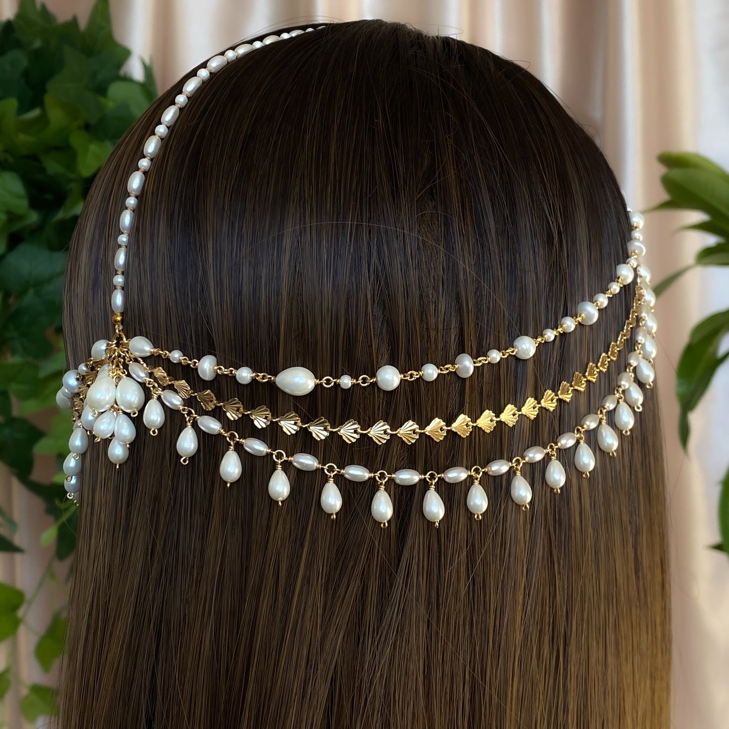 Venus II ~ Glass Pearl and Gold Overlay Draped Hair Chain Headpiece