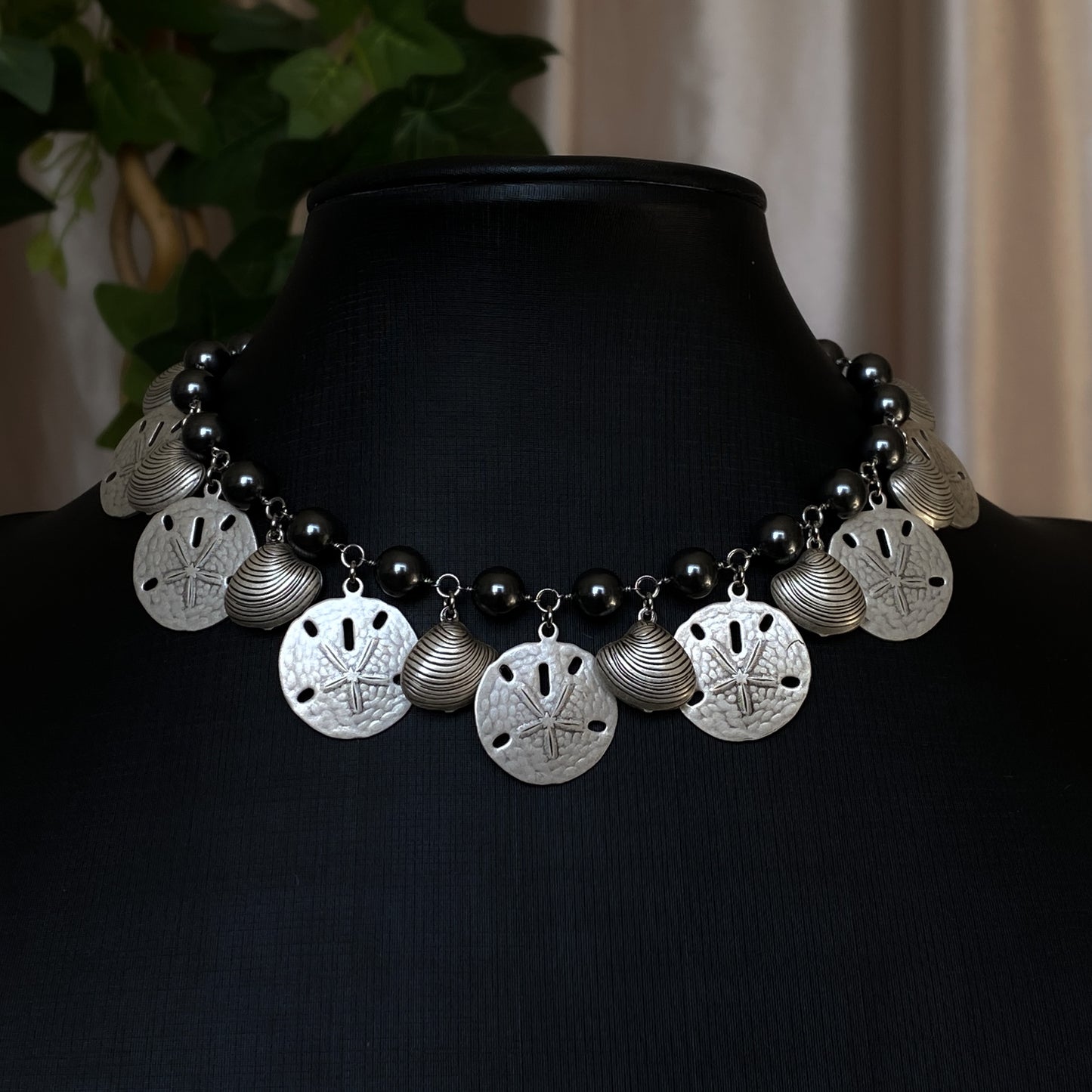 Tara ~ Dark Siren Shell Charm Choker with Glass Pearls, Antique Silver Shells and Stainless Steel