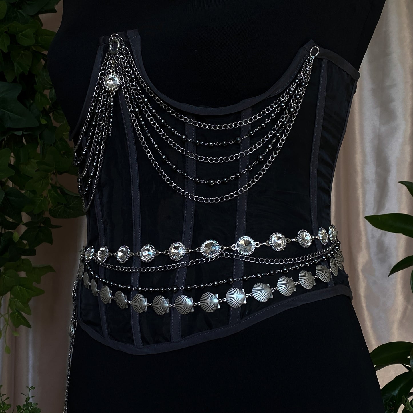 Tara ~ Dark Siren Upcycled Corset with Glass Pearls, Faceted Glass, Antique Silver and Stainless Steel