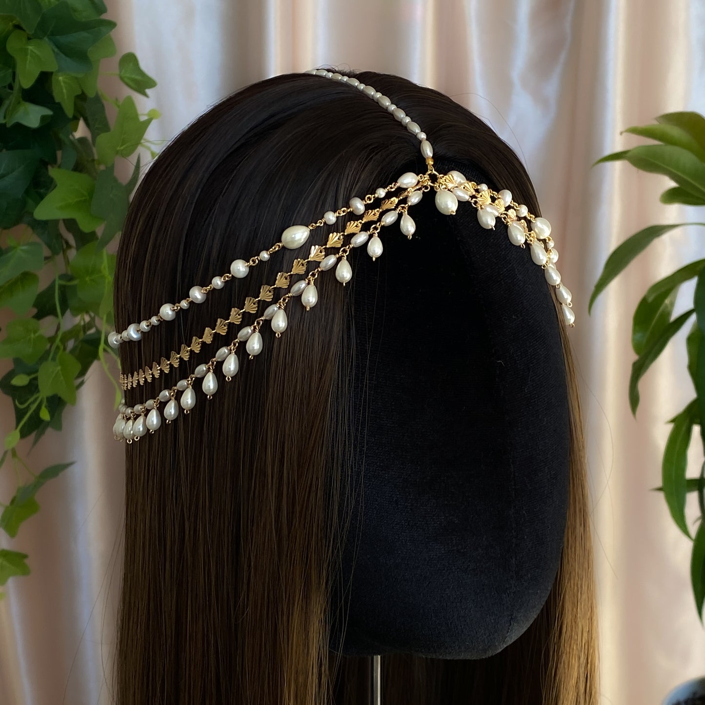 Venus II ~ Glass Pearl and Gold Overlay Draped Hair Chain Headpiece