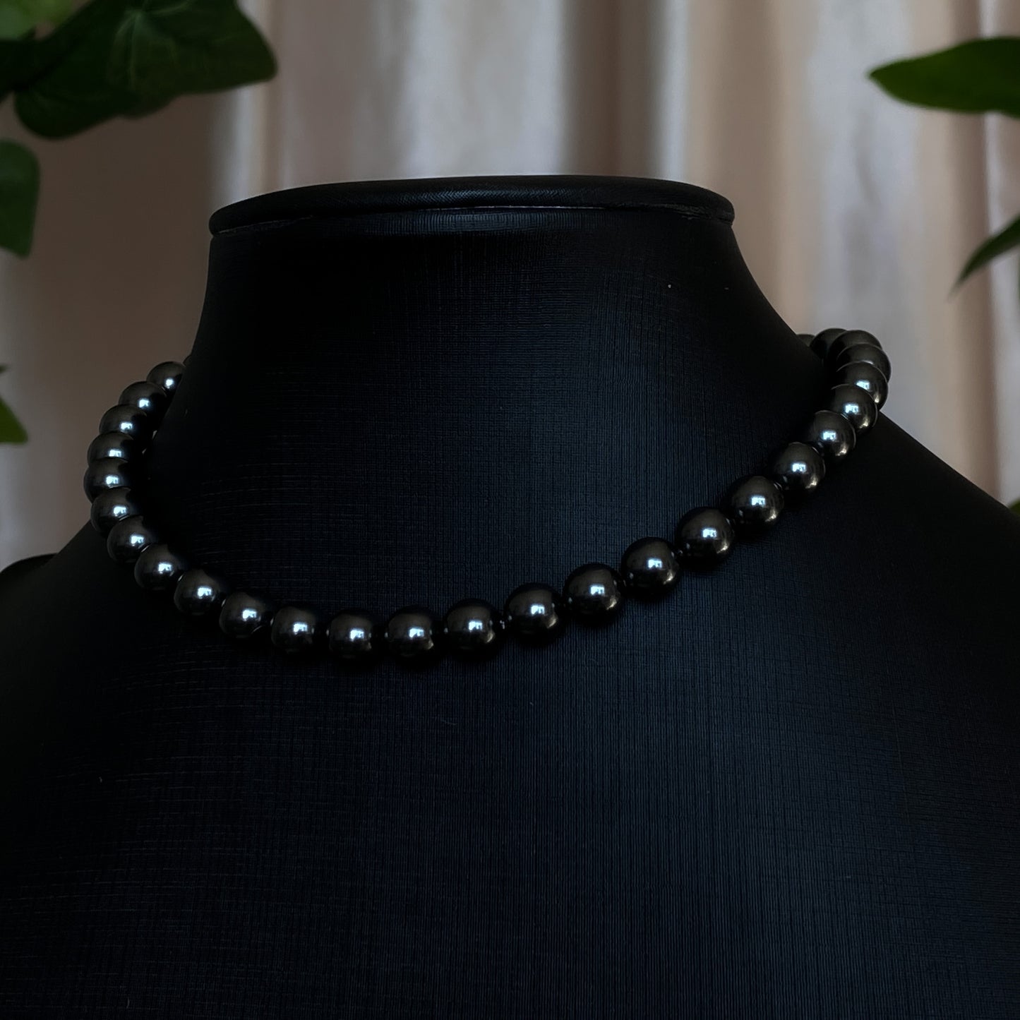 Tara ~ Dark Siren Black Pearl Choker with Glass Pearls, Antique Silver Shells and Stainless Steel