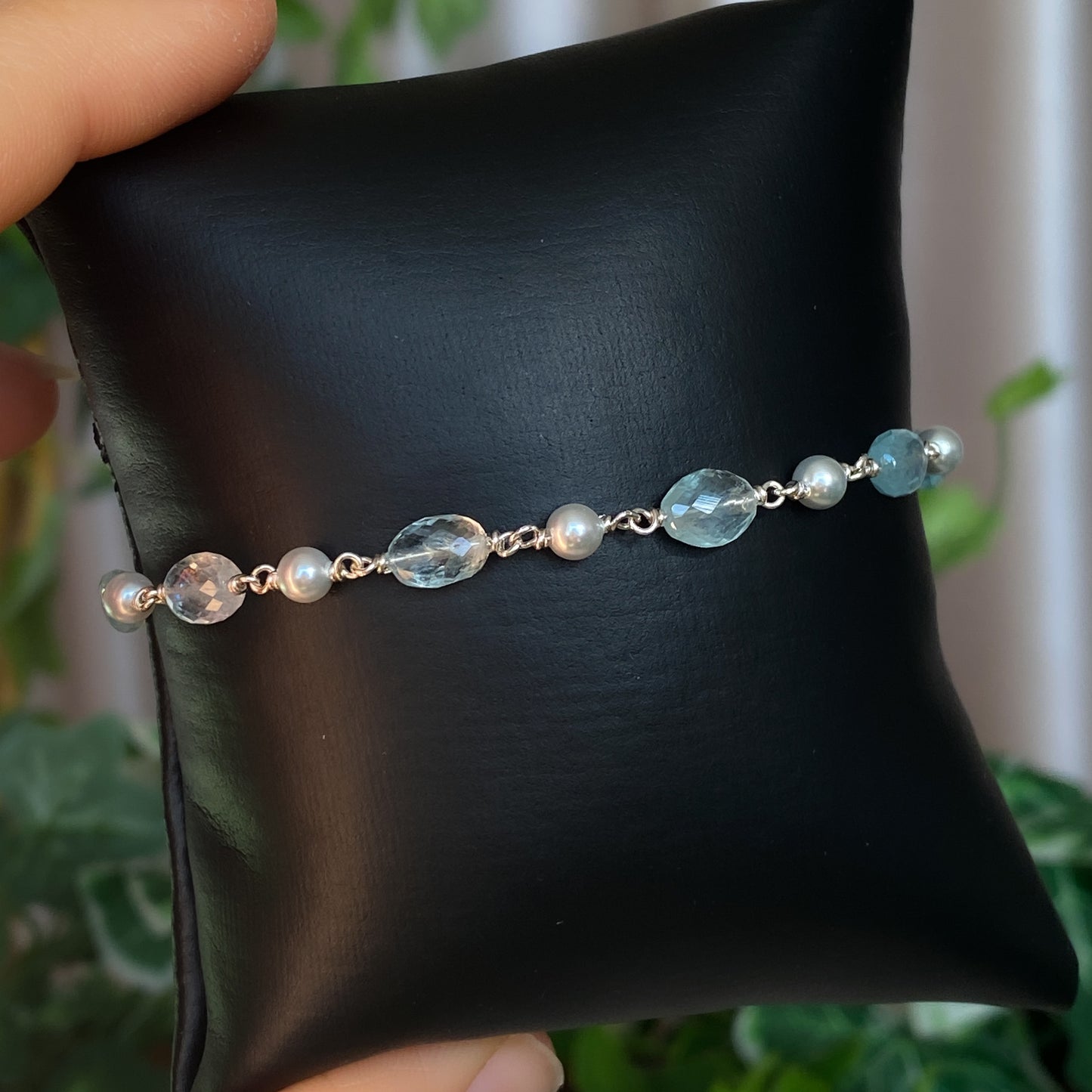 Avril ~ Crystal Pearl, Aquamarine, and Sterling Silver Bracelet